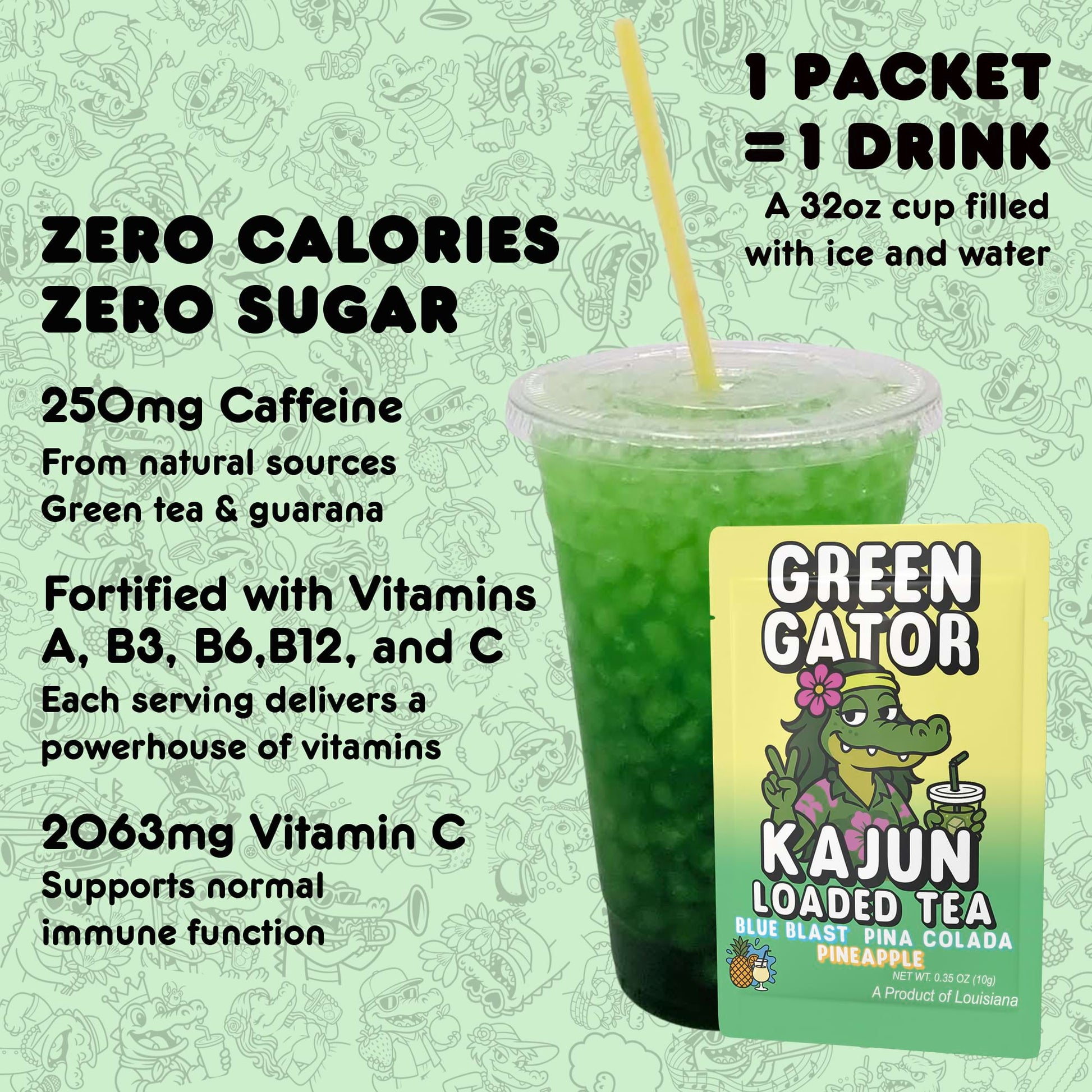 Kajun Loaded Tea drink mix packet shown with a 32oz prepared drink. Zero calories, zero sugar, 250mg natural caffeine, and added vitamins A, B3, B6, B12, and C.