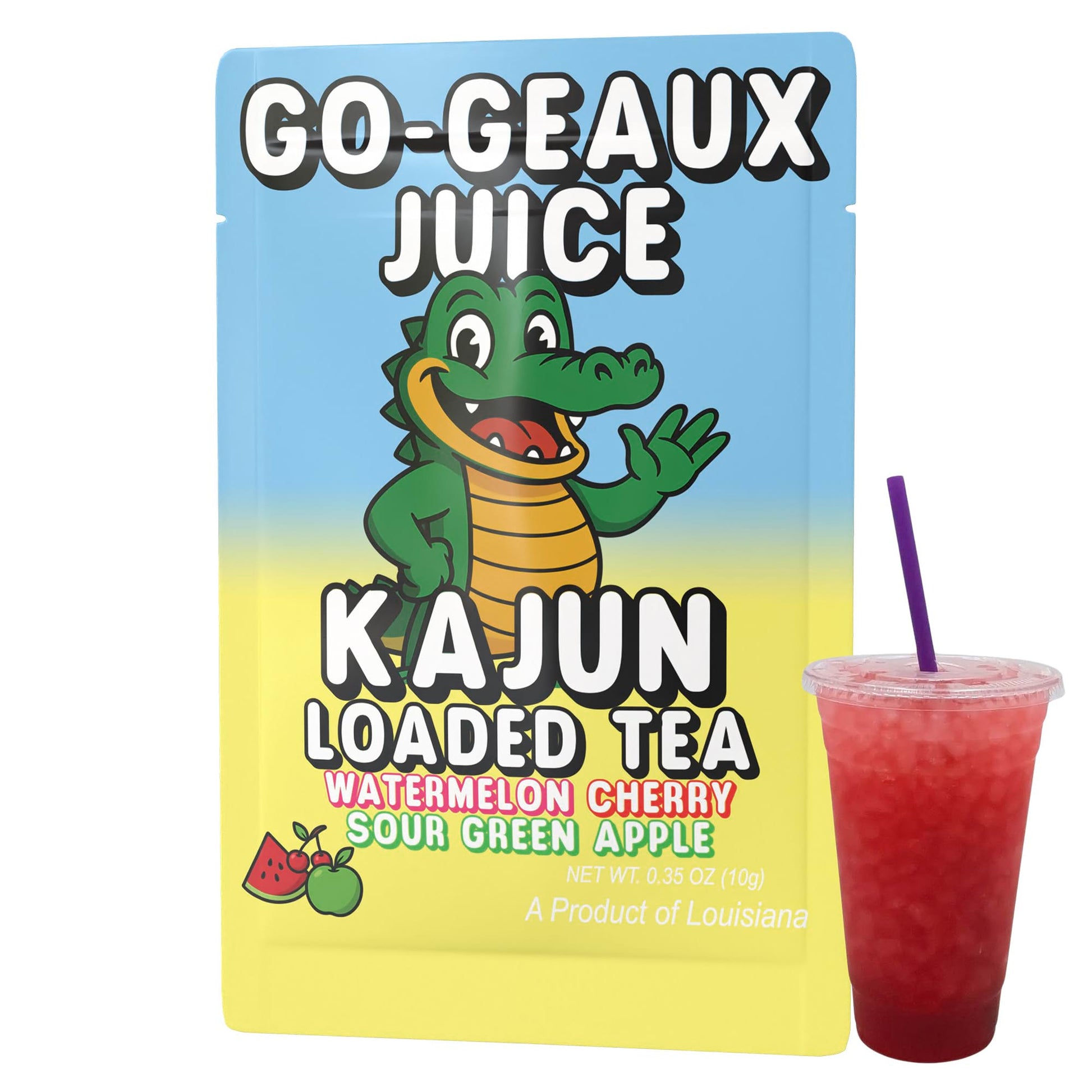 Image of the single Go-Geaux Juice Kajun Loaded Tea Packet placed next to a clear cup of the prepared, vibrant red-colored loaded tea.