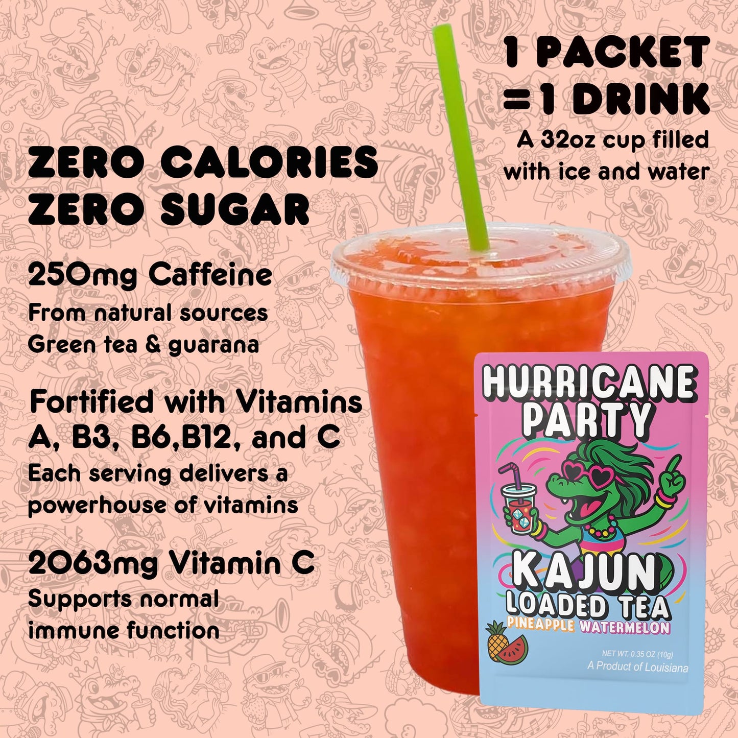 Kajun Loaded Tea drink mix packet shown with a 32oz prepared drink. Zero calories, zero sugar, 250mg natural caffeine, and added vitamins A, B3, B6, B12, and C.