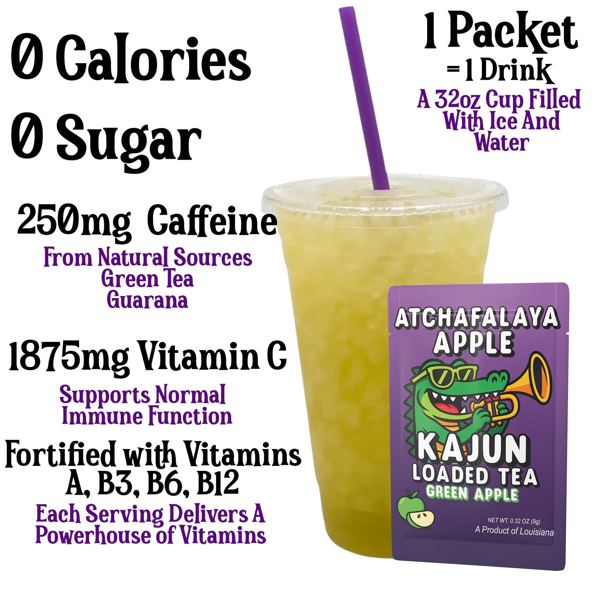 Kajun Loaded Tea Green Apple packet with a cup of tea and text about its nutritional benefits.