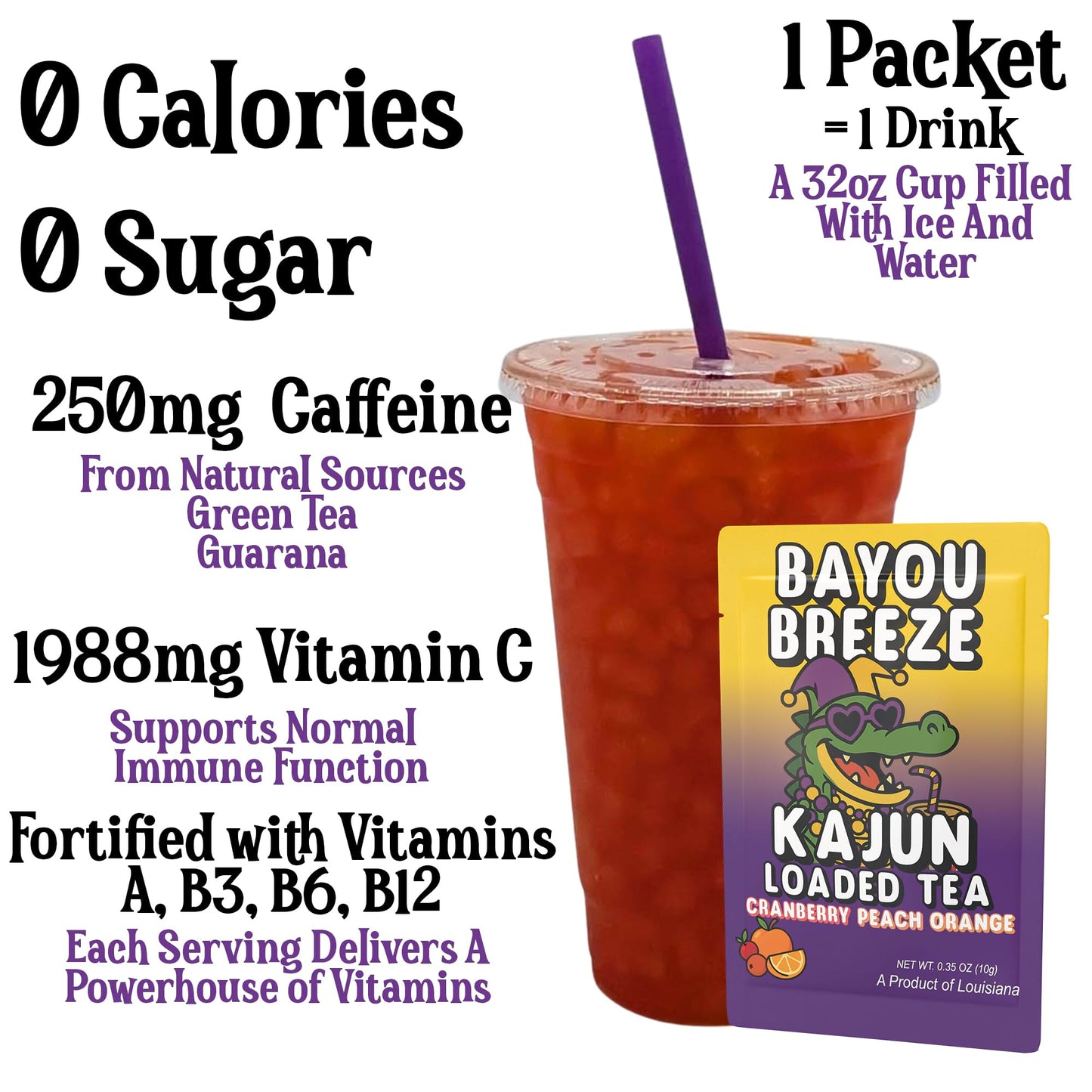Image highlighting the key benefits: 0 Calories, 0 Sugar, 250mg Caffeine, and 1988mg Vitamin C. A 32oz cup of the mixed, reddish-orange tea with a purple straw is shown next to a single product packet.