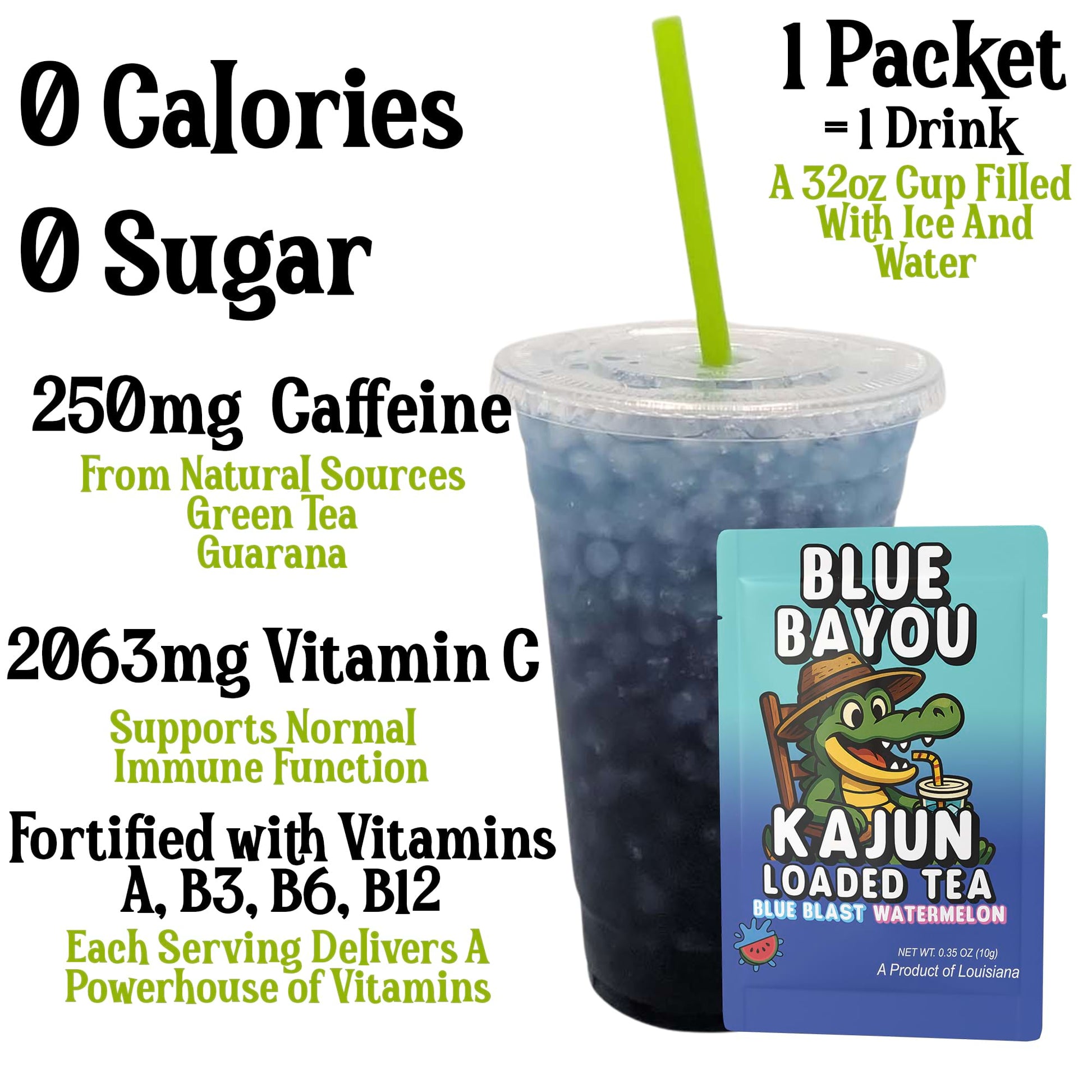 Photo showing the mixed, dark blue tea in a 32oz cup next to the packet. Large text lists key benefits: 0 Calories, 0 Sugar, 250mg Caffeine, and 2063mg Vitamin C.