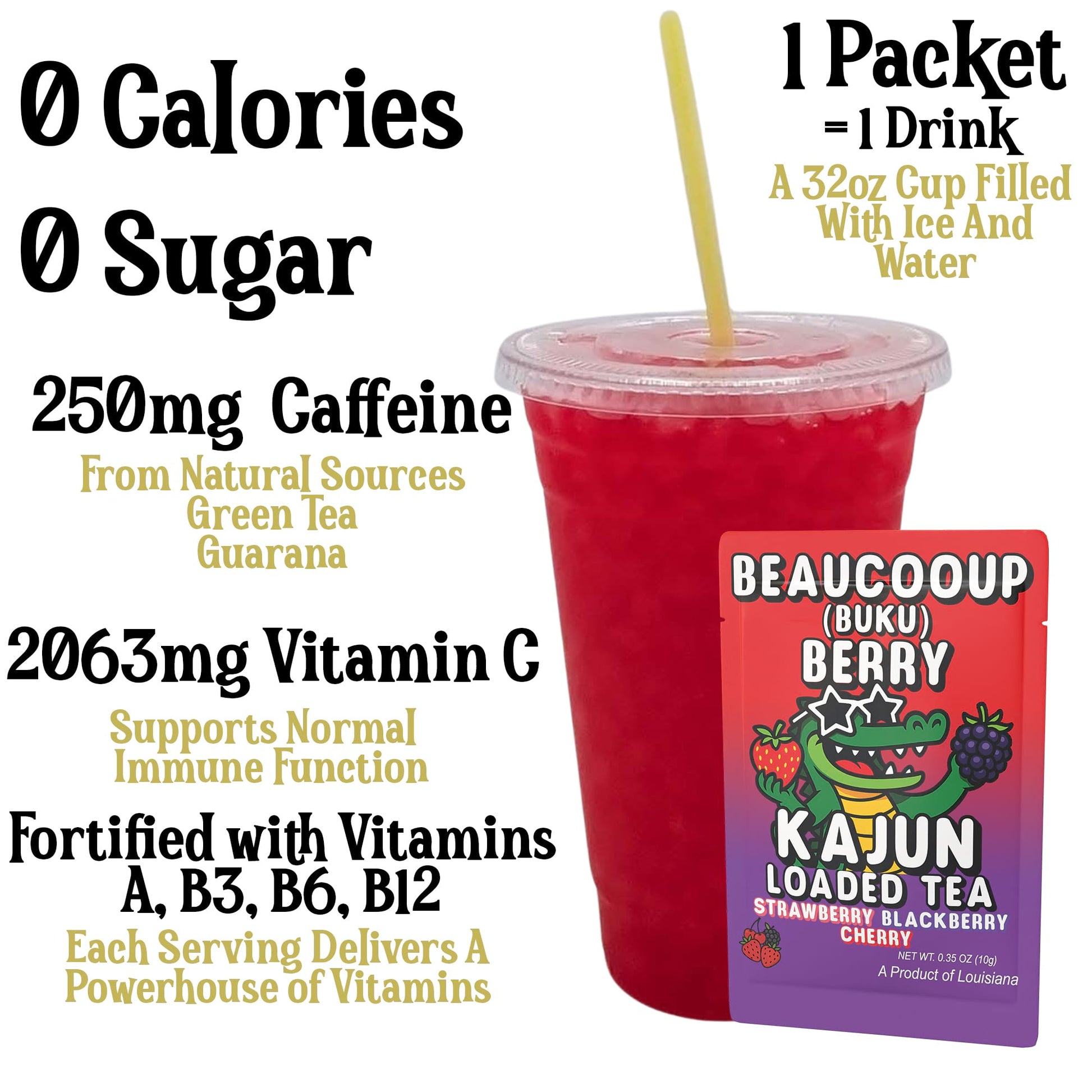 A photo highlighting the benefits: 0 Calories, 0 Sugar, 250mg Caffeine, and 2063mg Vitamin C. A single packet rests beside a 32oz cup of the mixed, bright red loaded tea.