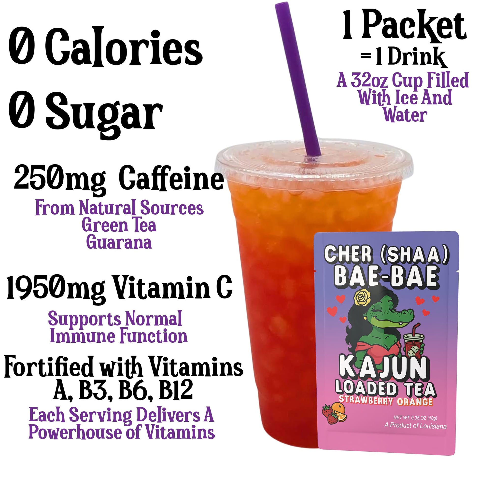 A photo highlighting the key statistics: 0 Calories, 0 Sugar, 250mg Caffeine, and 1950mg Vitamin C. A single packet is shown next to a 32oz cup containing the mixed tea, which shows a vibrant red and orange layered color.