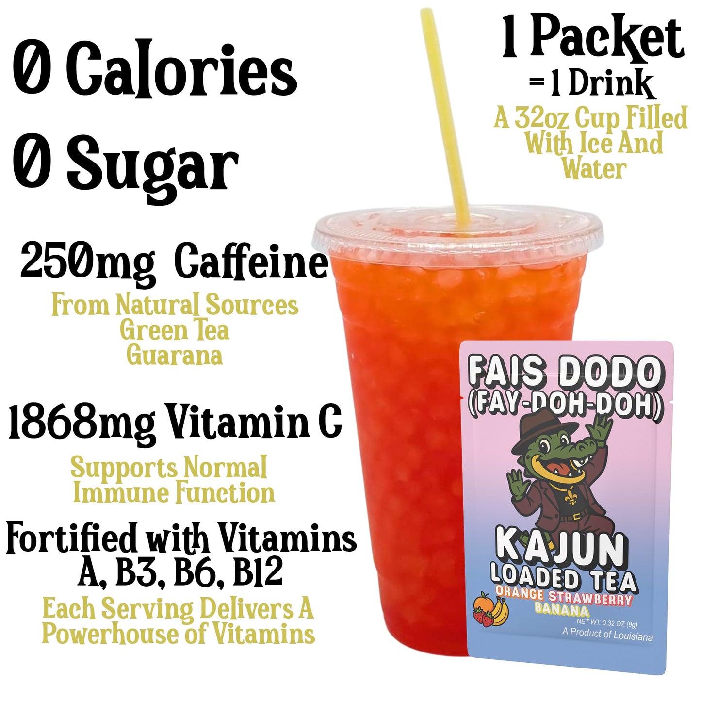 Image detailing the primary attributes: 250mg Caffeine, 1868mg Vitamin C, Zero Calories, and Zero Sugar. The text is shown next to a single packet and a large cup of the prepared, red-orange loaded tea.