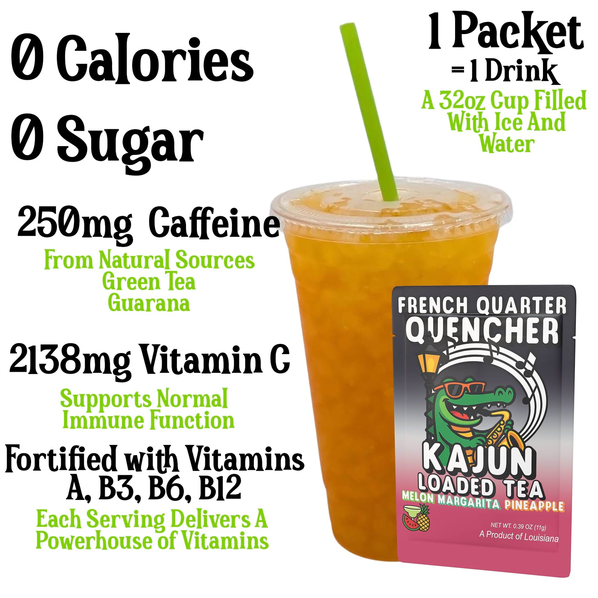 Primary product data highlighted: 250mg Caffeine, Zero Calories, Zero Sugar, and 2138mg Vitamin C.