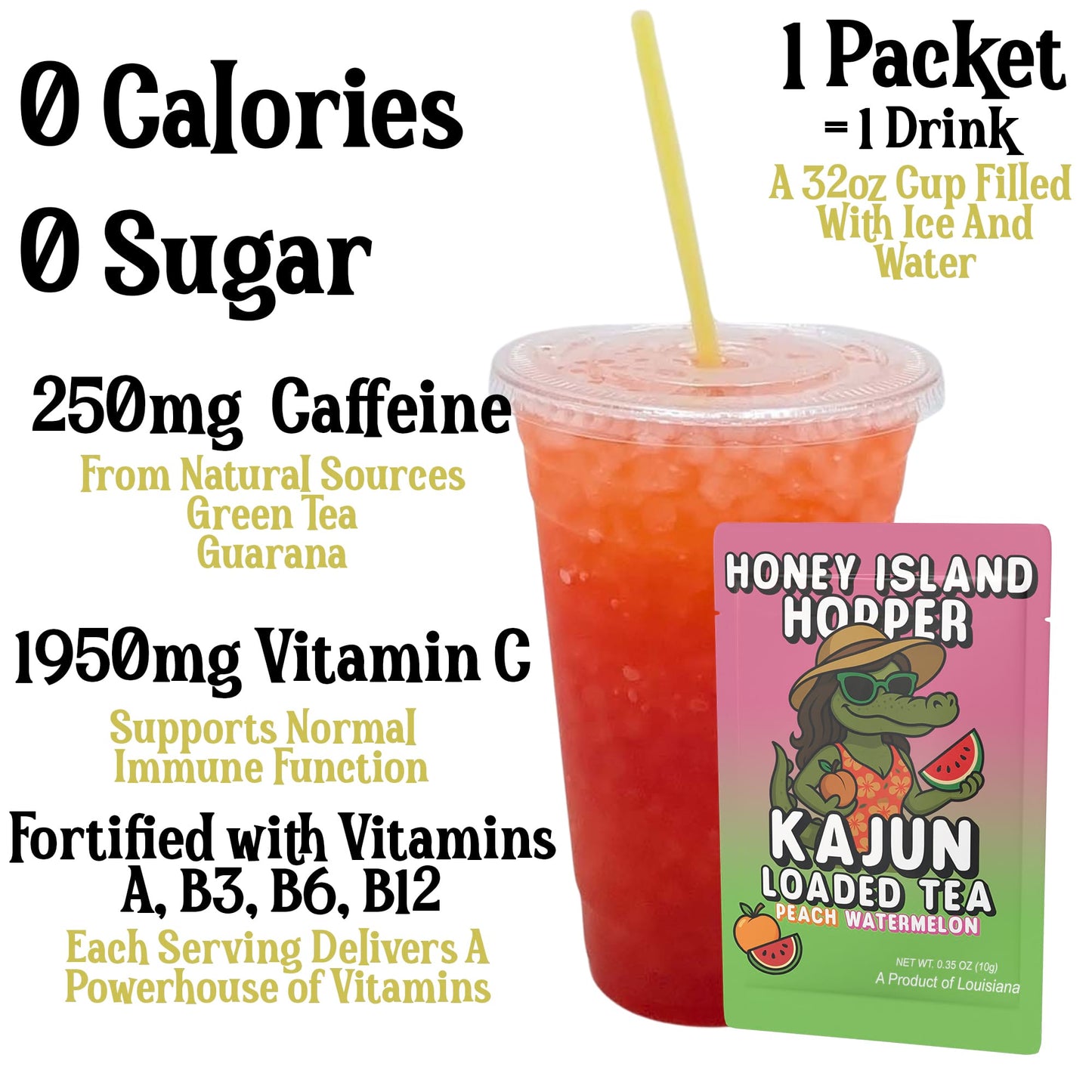 A prepared cup of the red and orange layered loaded tea highlighting 250mg Caffeine, 0 Calories, 0 Sugar, and 1950mg Vitamin C next to a single packet.