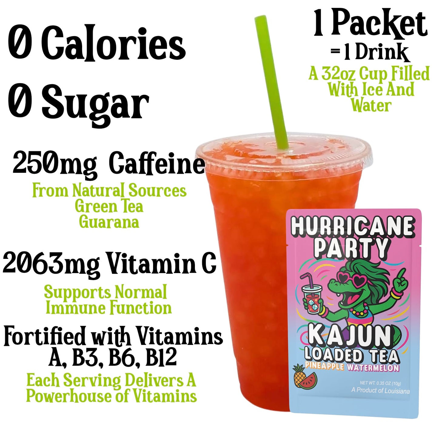 A prepared cup of the bright orange-red loaded tea highlighting 250mg Caffeine, 0 Calories, 0 Sugar, and 2063mg Vitamin C next to a single packet.