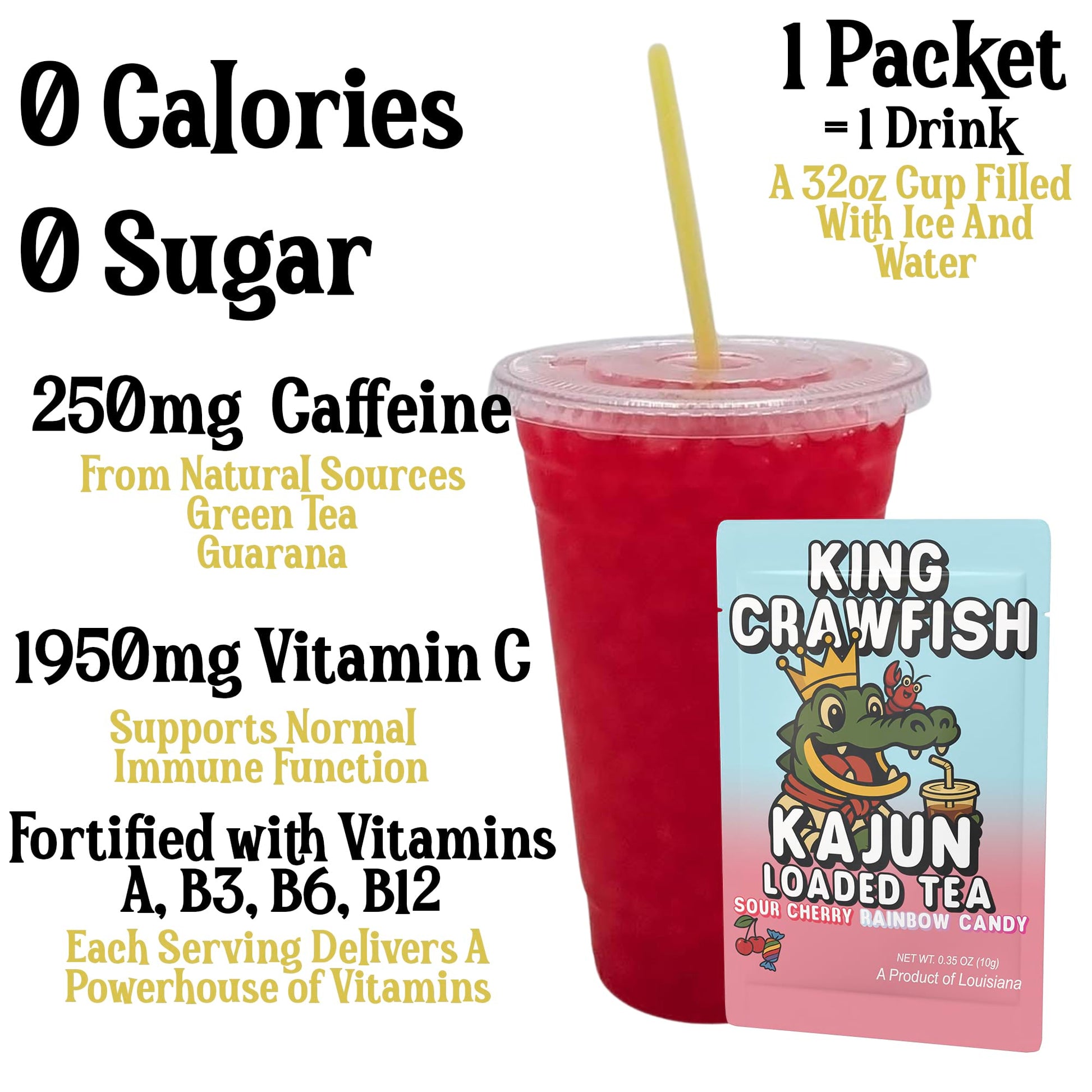 A prepared cup of the bright red loaded tea highlights 250mg Caffeine, 0 Calories, 0 Sugar, and 1950mg Vitamin C next to a single packet.