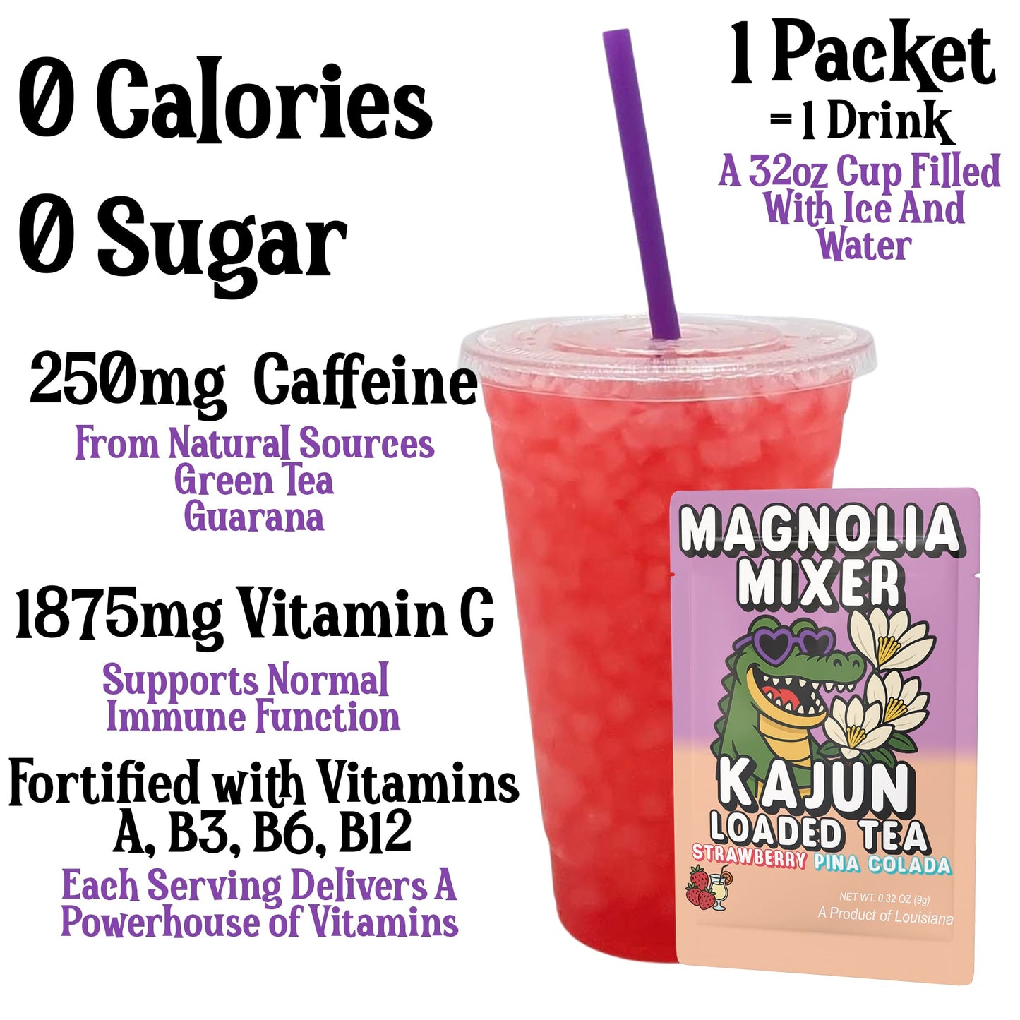 A refreshing pink Magnolia Mixer loaded tea with a purple straw shown beside its flavor packet, featuring details about caffeine, vitamins, and zero sugar.