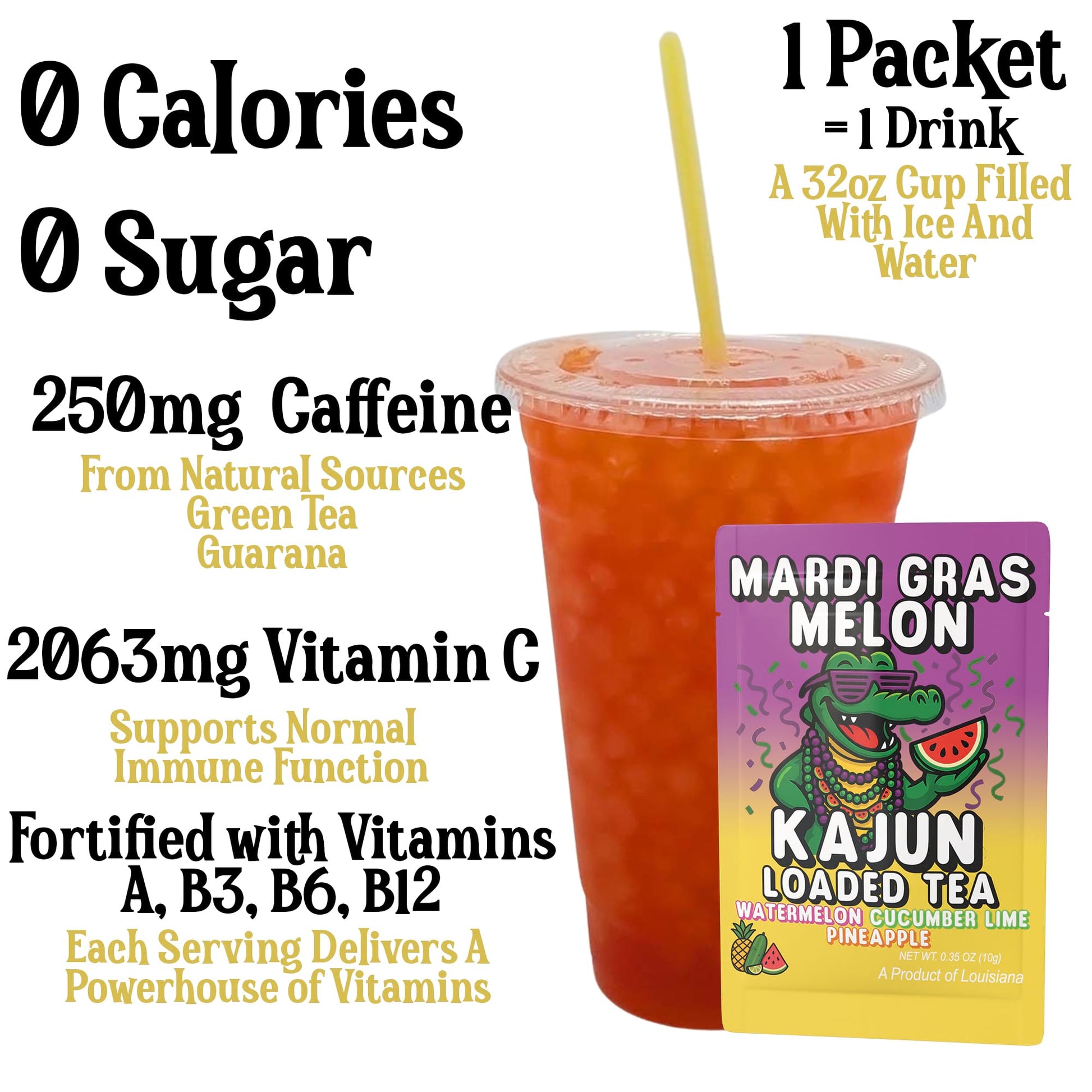 A prepared cup of the bright reddish-orange loaded tea is shown beside its packet, featuring details about 250mg caffeine, vitamins, and zero sugar.