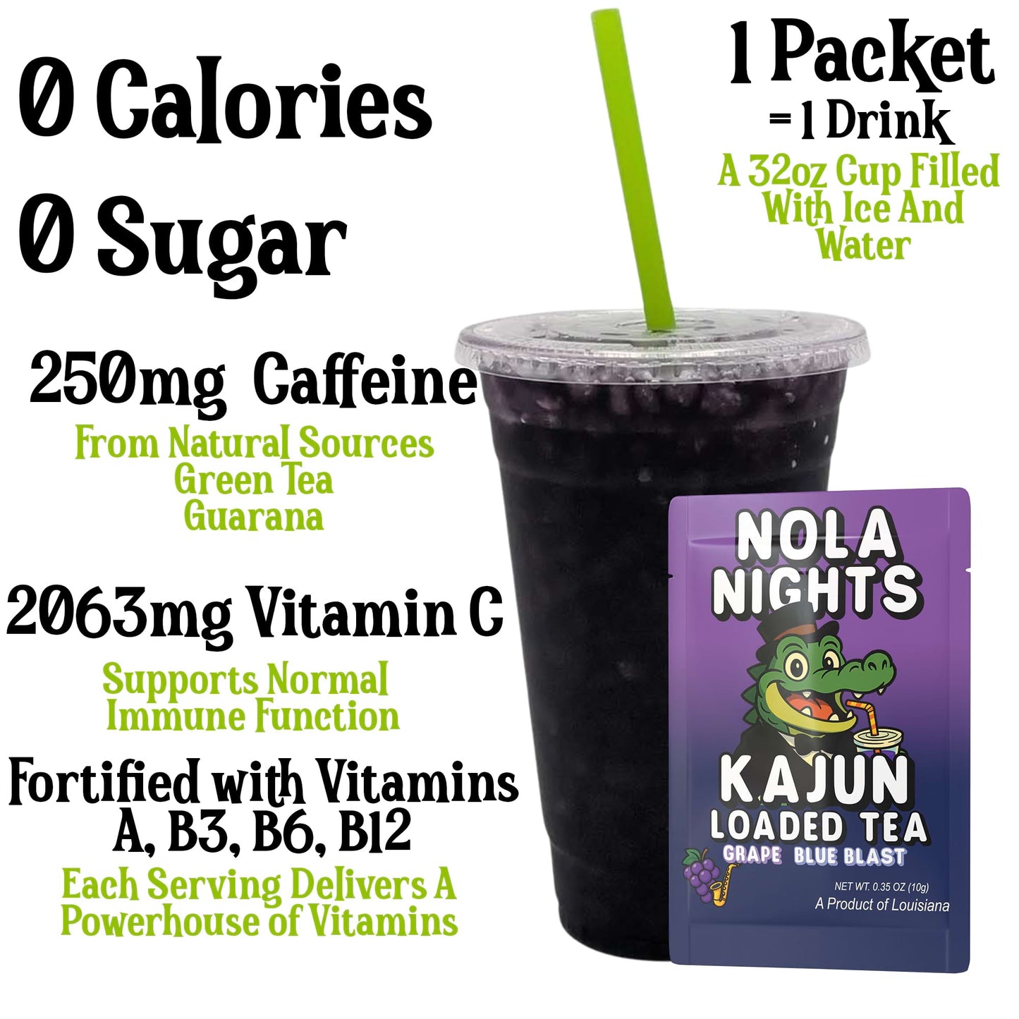 A prepared cup of the dark purple, crushed-ice loaded tea highlighting 250mg Caffeine, 0 Calories, 0 Sugar, and 2063mg Vitamin C next to a single packet.