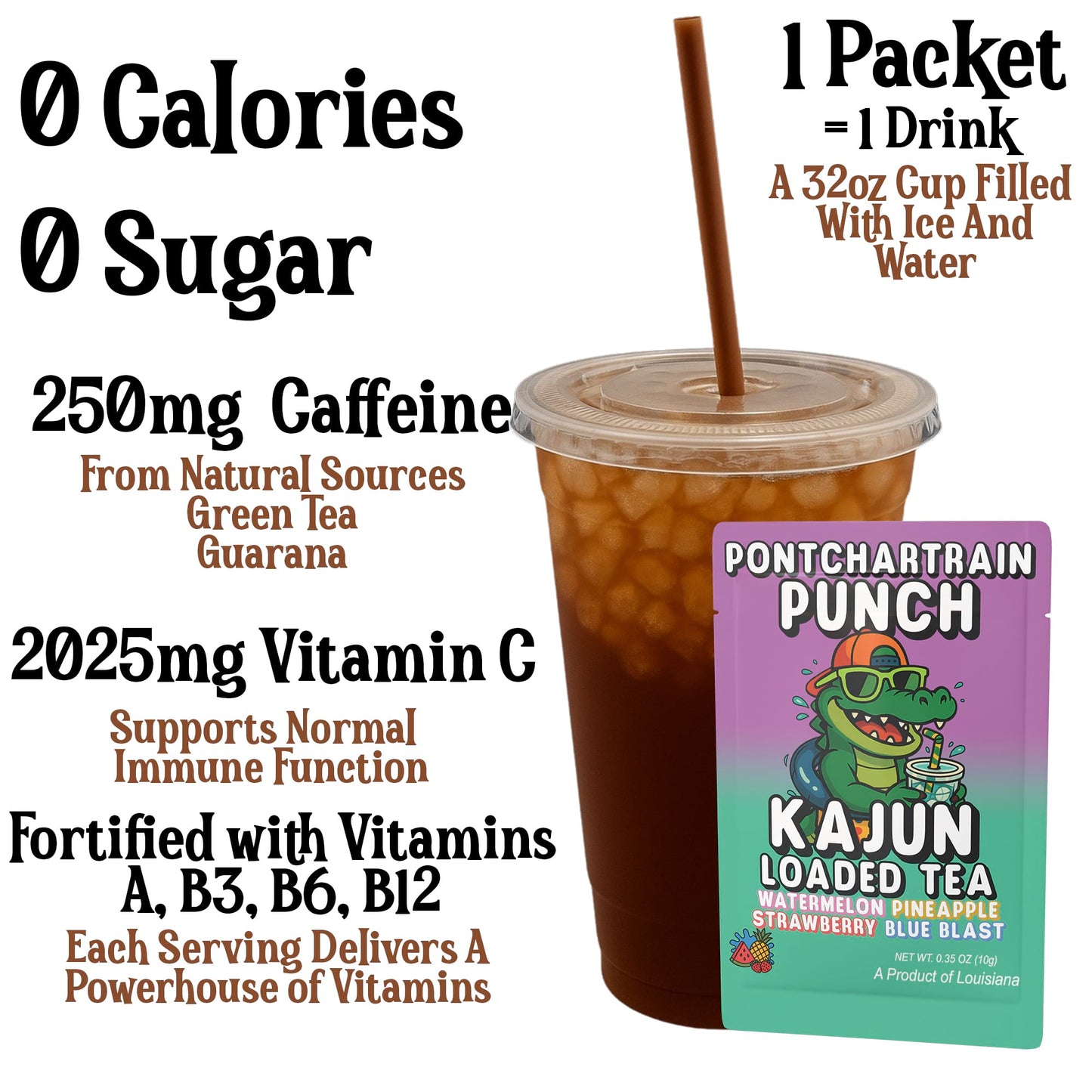 A prepared cup of the dark amber loaded tea highlighting 250mg Caffeine, 0 Calories, 0 Sugar, and 2025mg Vitamin C next to a single packet.