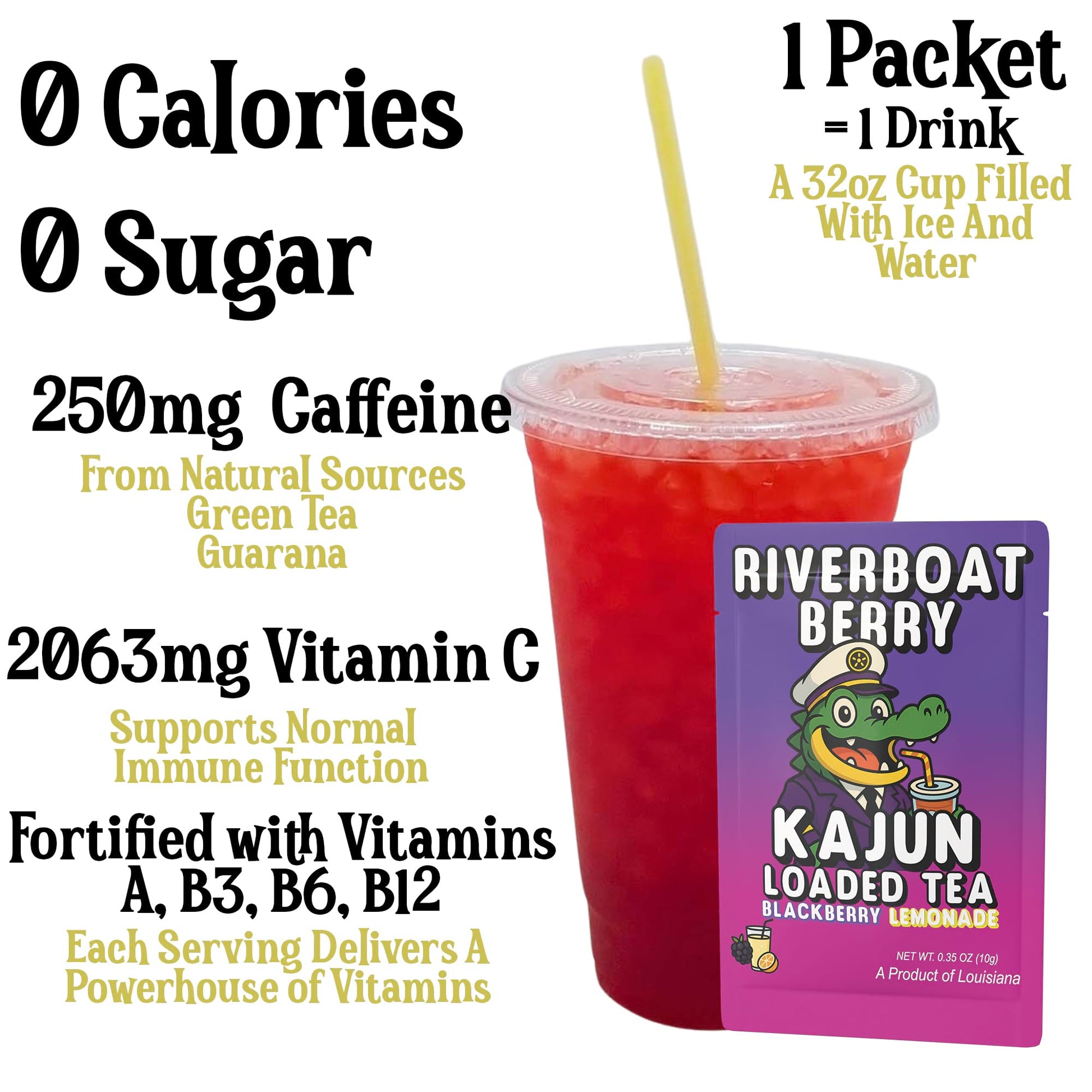 A prepared cup of the bright red loaded tea highlighting 250mg Caffeine, 0 Calories, 0 Sugar, and 2063mg Vitamin C next to a single packet.