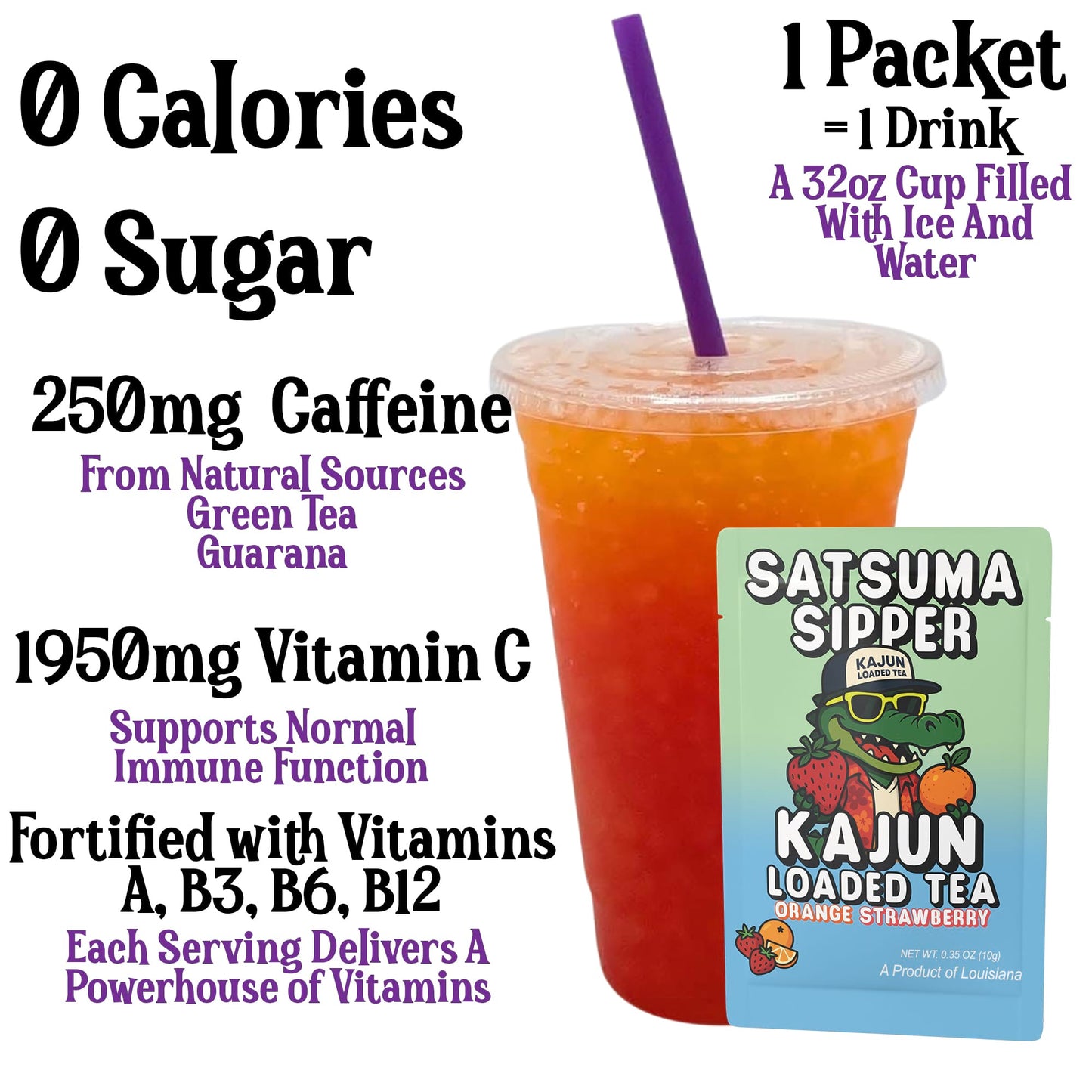 A prepared cup of the layered orange and red loaded tea highlighting 250mg Caffeine, 0 Calories, 0 Sugar, and 1950mg Vitamin C next to a single packet.