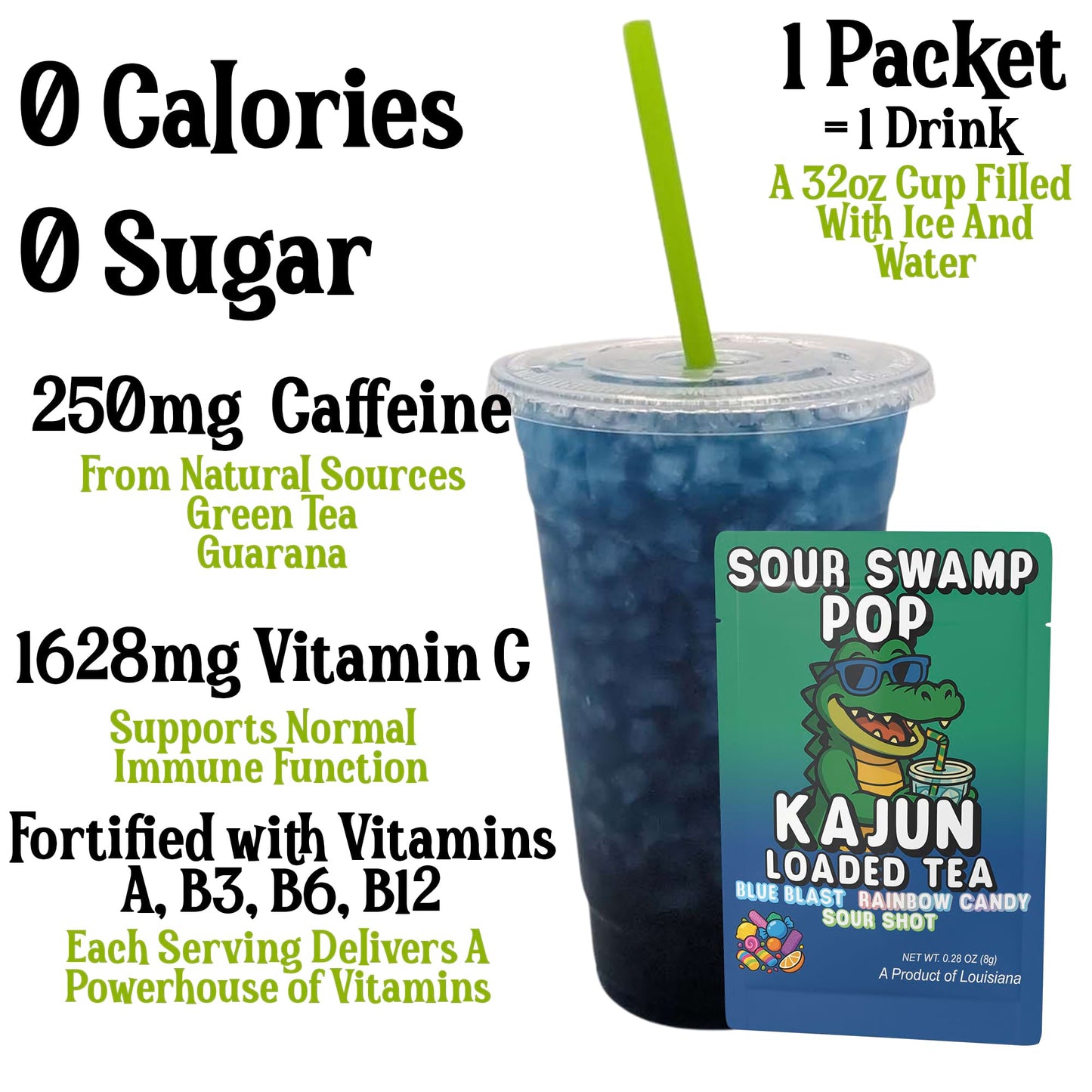 A prepared cup of the dark blue loaded tea highlighting 250mg Caffeine, 0 Calories, 0 Sugar, and 1628mg Vitamin C next to a single packet.