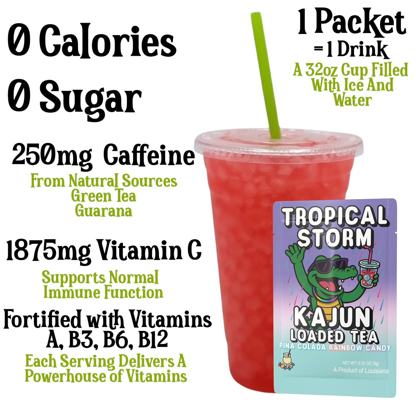 A prepared cup of the bright red, crushed-ice loaded tea highlighting 250mg Caffeine, 0 Calories, 0 Sugar, and 1875mg Vitamin C next to a single packet.