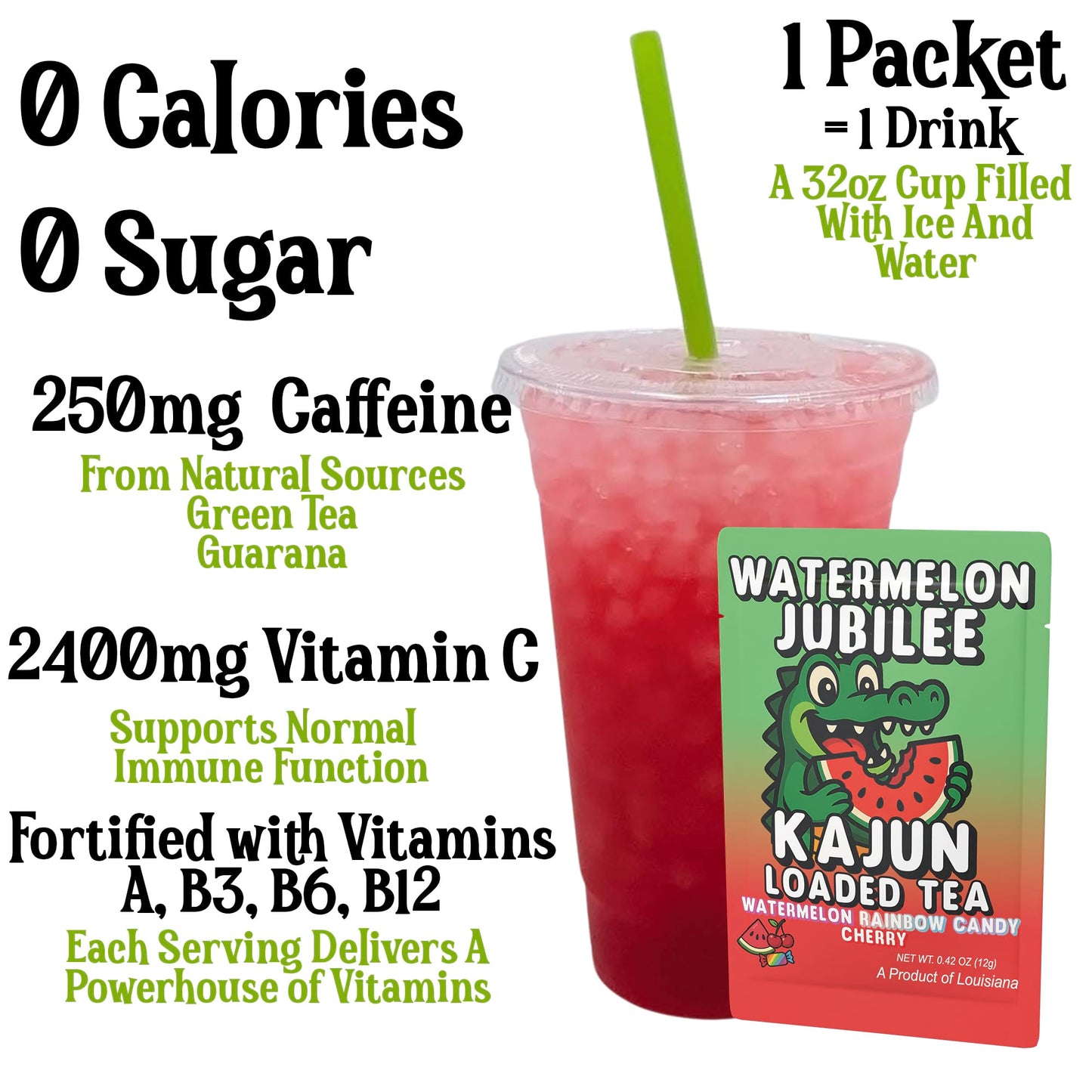 A prepared cup of the bright red, crushed-ice loaded tea highlighting 250mg Caffeine, 0 Calories, 0 Sugar, and 2400mg Vitamin C next to a single packet.