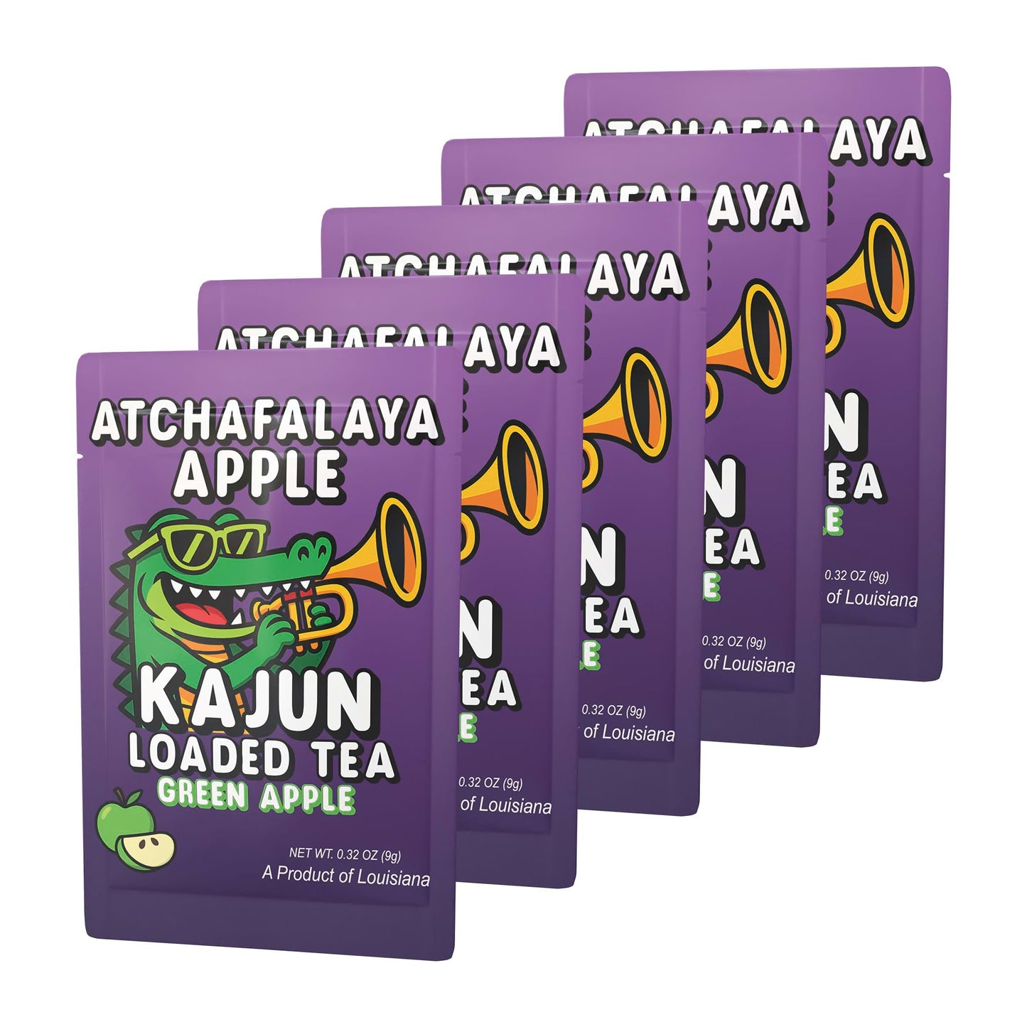 5 Pack Version of Atchafalaya Apple Kajun Loaded Tea Green Apple with a cartoon alligator and a cup of tea. 