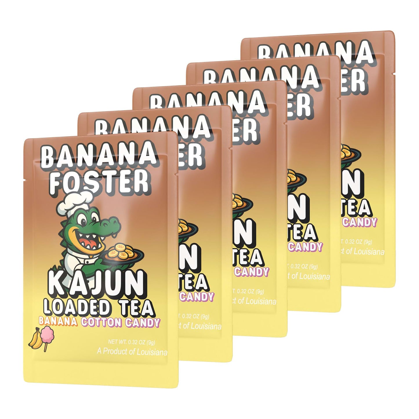 5 Packet Version of Banana Foster Kajun Loaded Tea with a cartoon alligator and a cup of tea. 