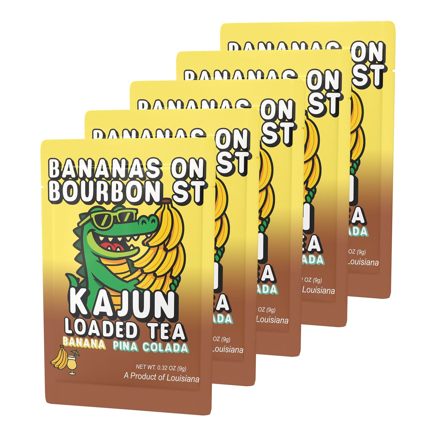 Product photo showing five individual packets of Kajun Loaded Tea Bananas on Bourbon St flavor, stacked and fanned out in a horizontal row. 
