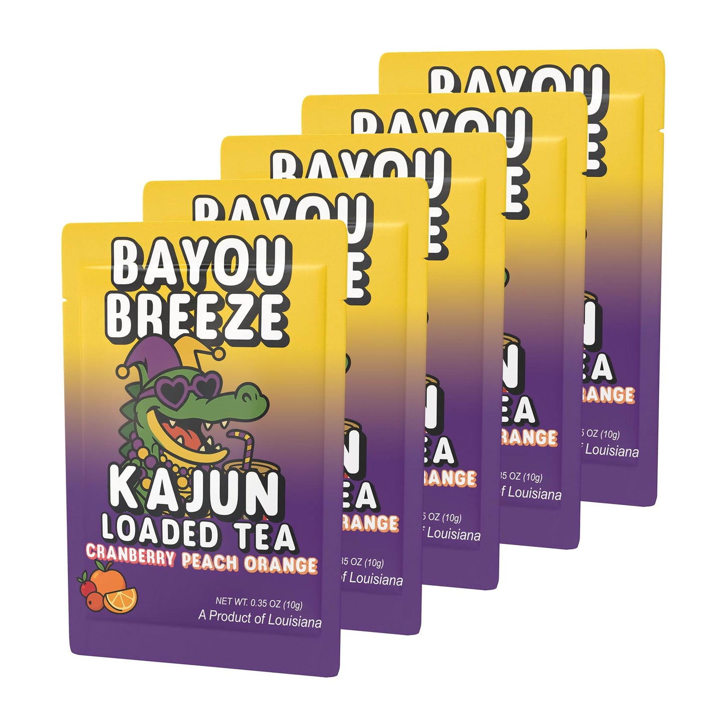 A product photo showing a fanned-out stack of five packets of the Kajun Loaded Tea "Bayou Breeze" mix. The front packet displays the alligator mascot wearing sunglasses and Mardi Gras beads, and the Cranberry Peach Orange flavor name.