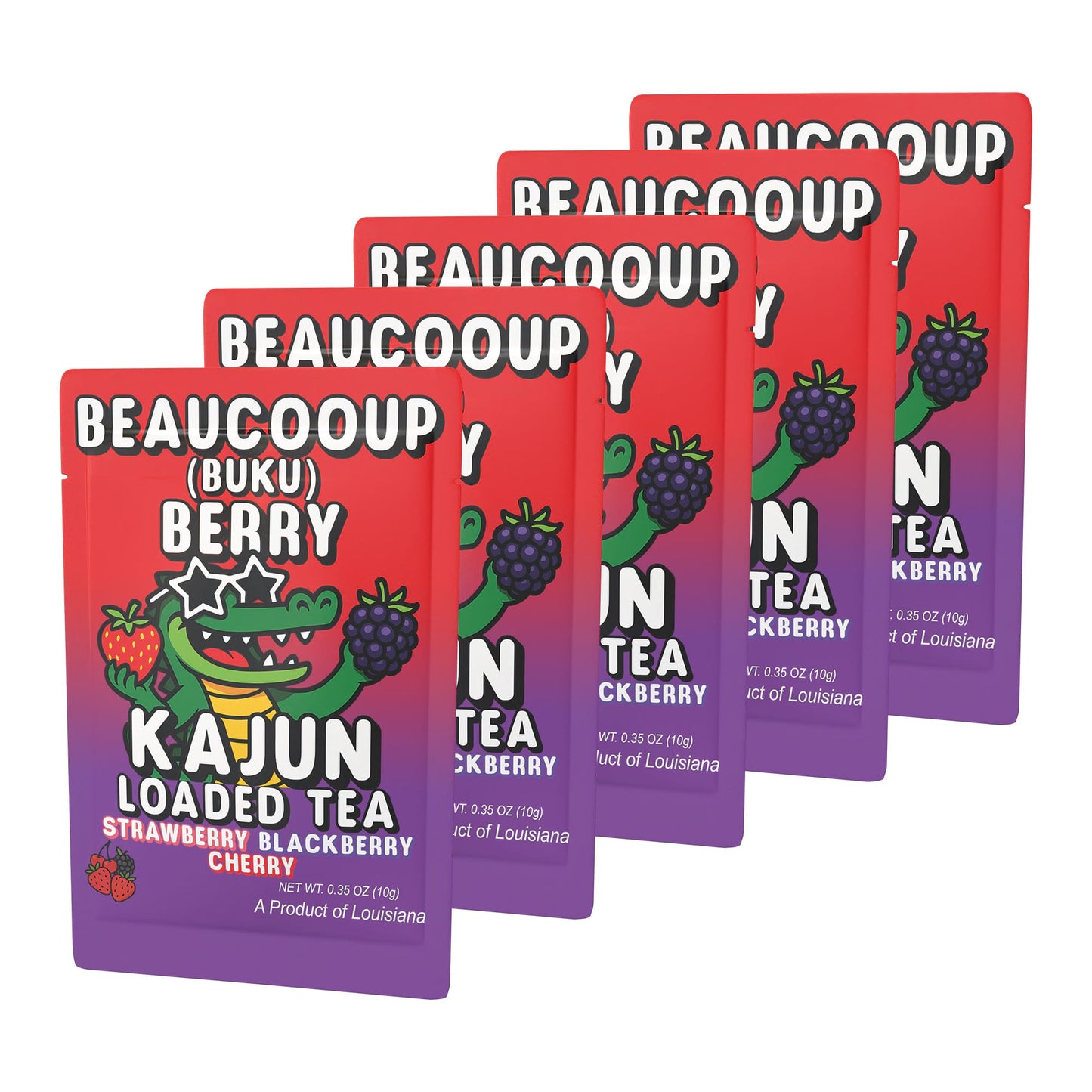 Product photo showing a group of five Beaucoup Berry packets fanned out. The front packet shows the alligator mascot with star-shaped sunglasses, holding a strawberry and a blackberry, with the Strawberry,  Blackberry, and Cherry flavor clearly marked.