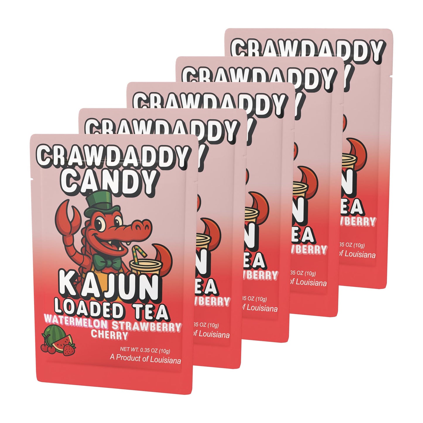 A product image displaying a group of five Crawdaddy Candy packets fanned out. 