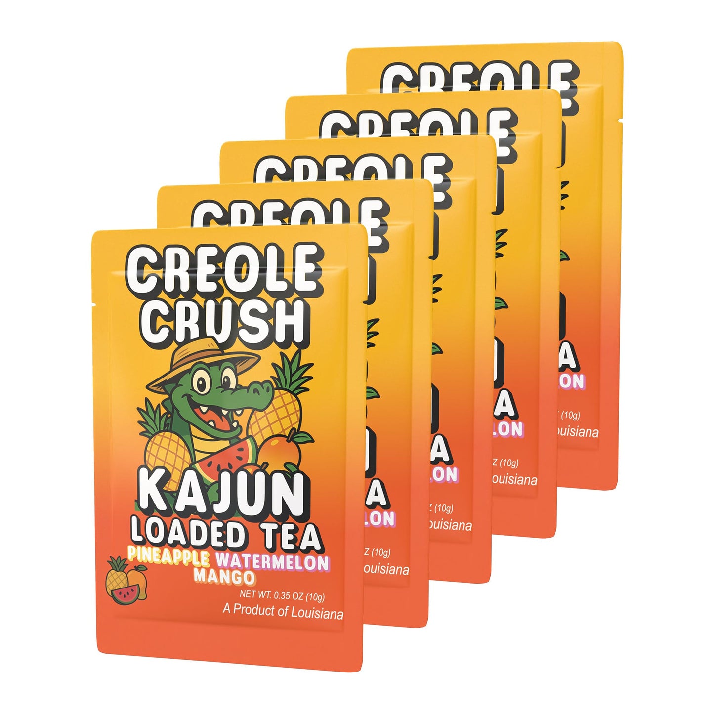 A product shot of five Creole Crush packets bundled together. The front packet shows the alligator mascot wearing a straw hat and surrounded by pineapple, watermelon, and mango fruit graphics.