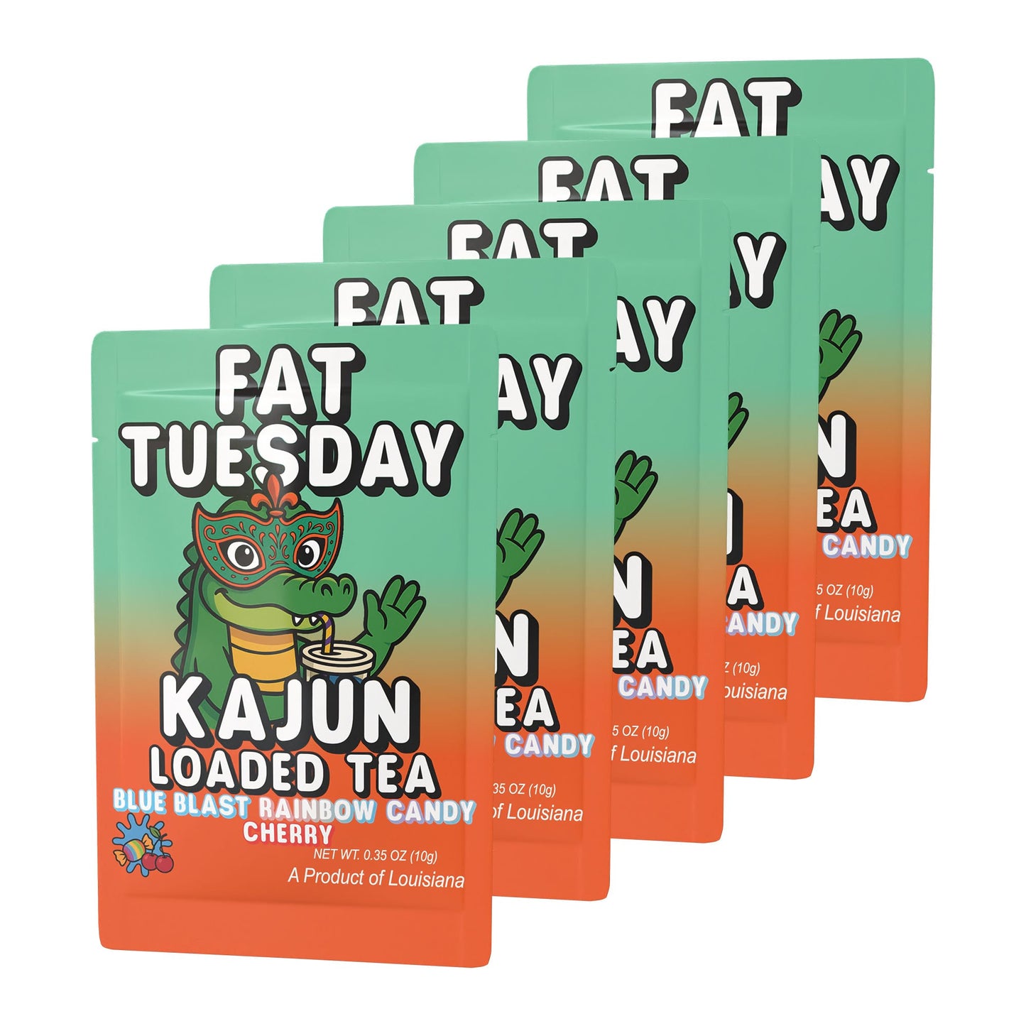 A product photo showing a retail unit of five Fat Tuesday packets fanned out.