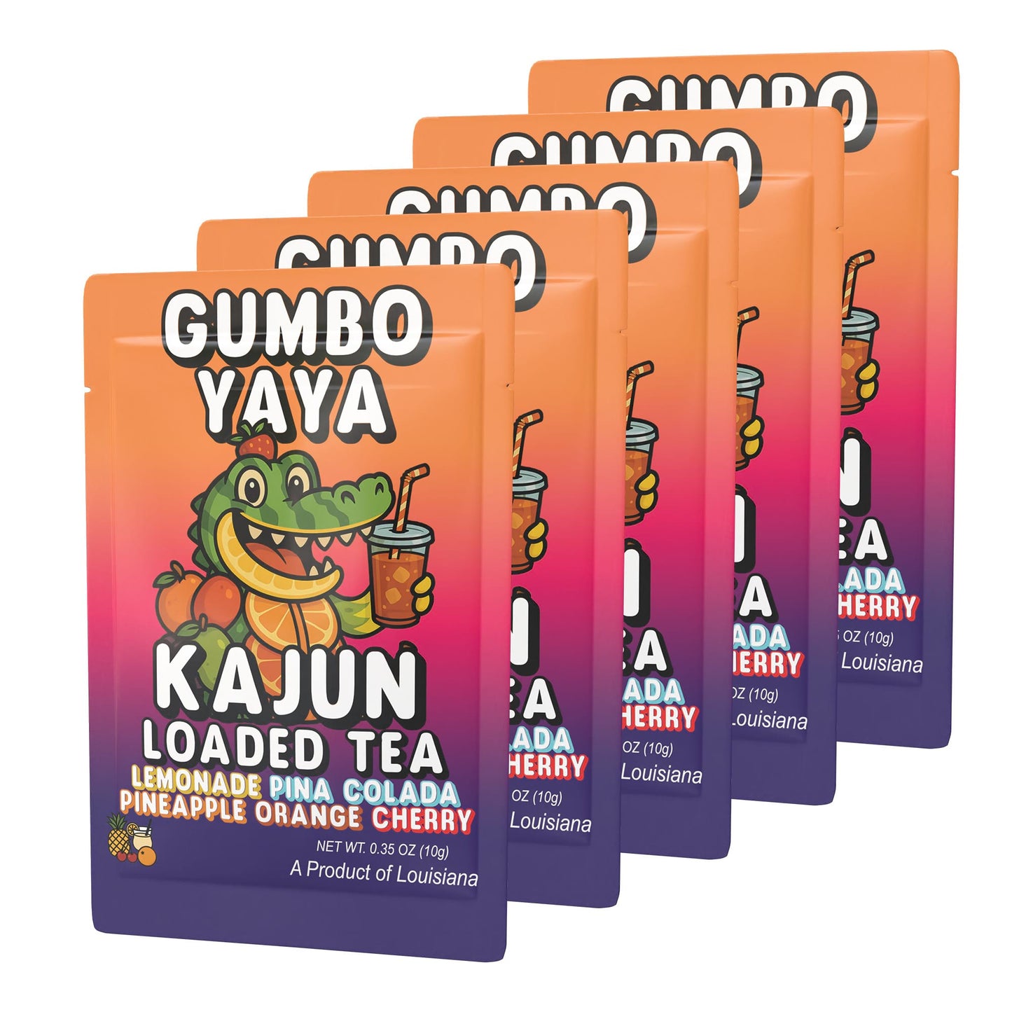 Five packets of Gumbo Yaya stacked in a retail display, featuring the alligator mascot holding a drink and the full multi-fruit flavor name.