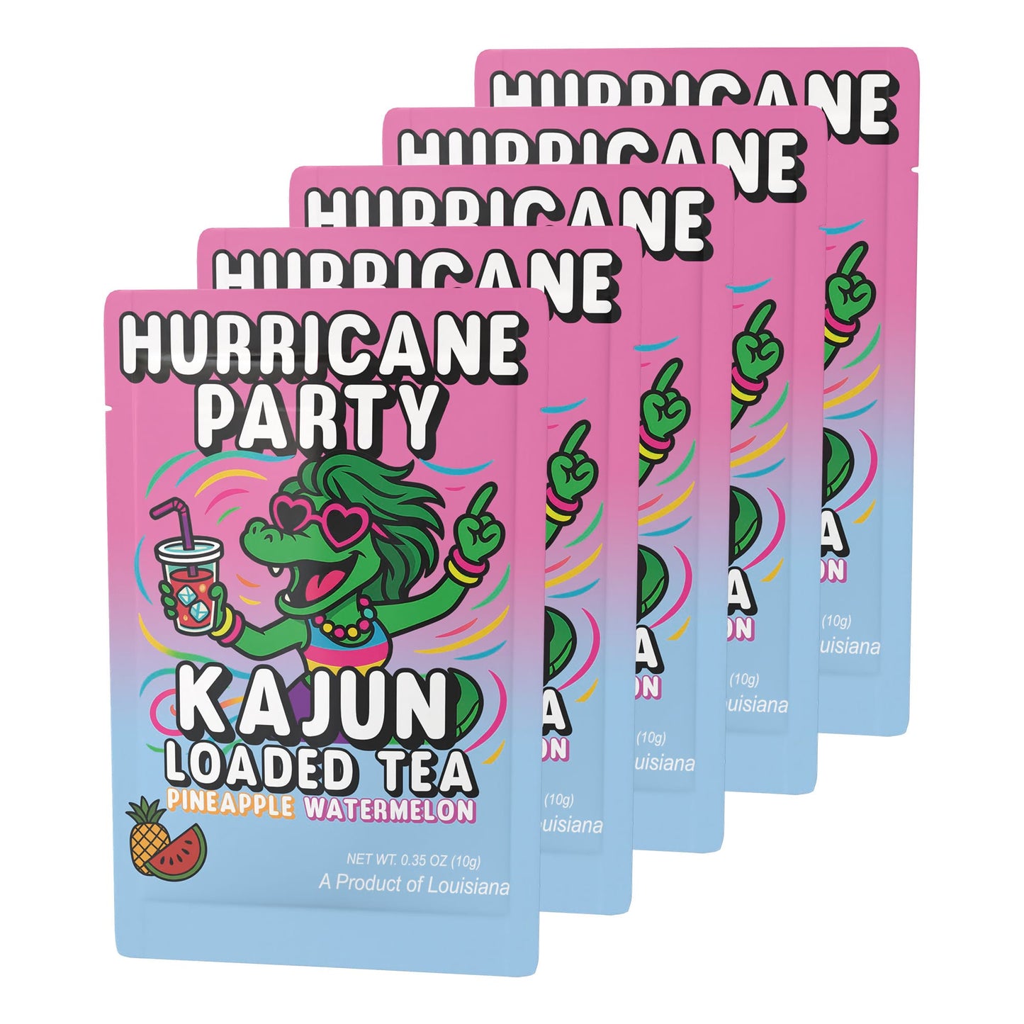 Five packets of Hurricane Party stacked in a retail display, featuring the alligator mascot with heart sunglasses and a party theme.