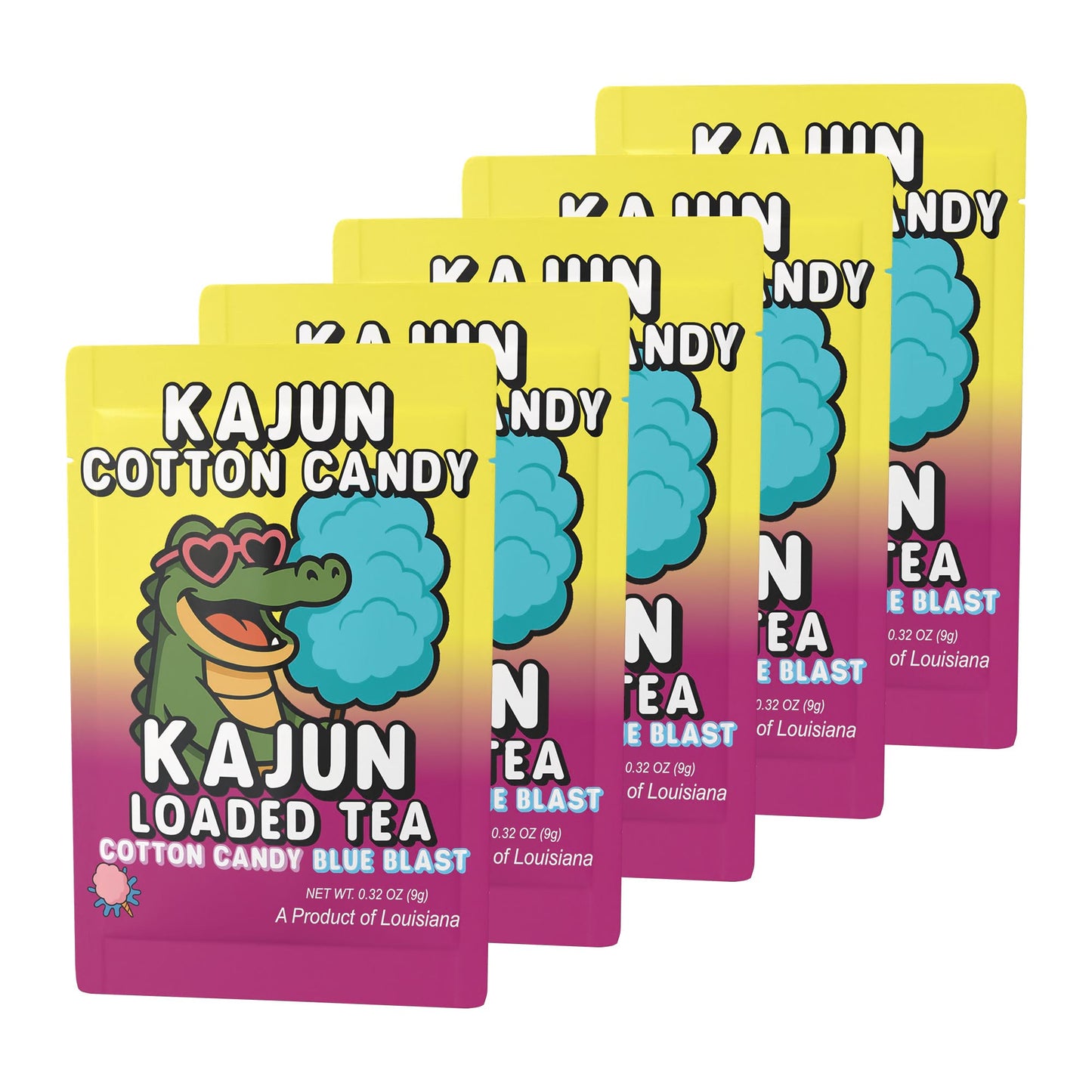 Five retail packets of Kajun Cotton Candy are arranged, showcasing the alligator mascot with heart sunglasses and a puff of blue cotton candy.