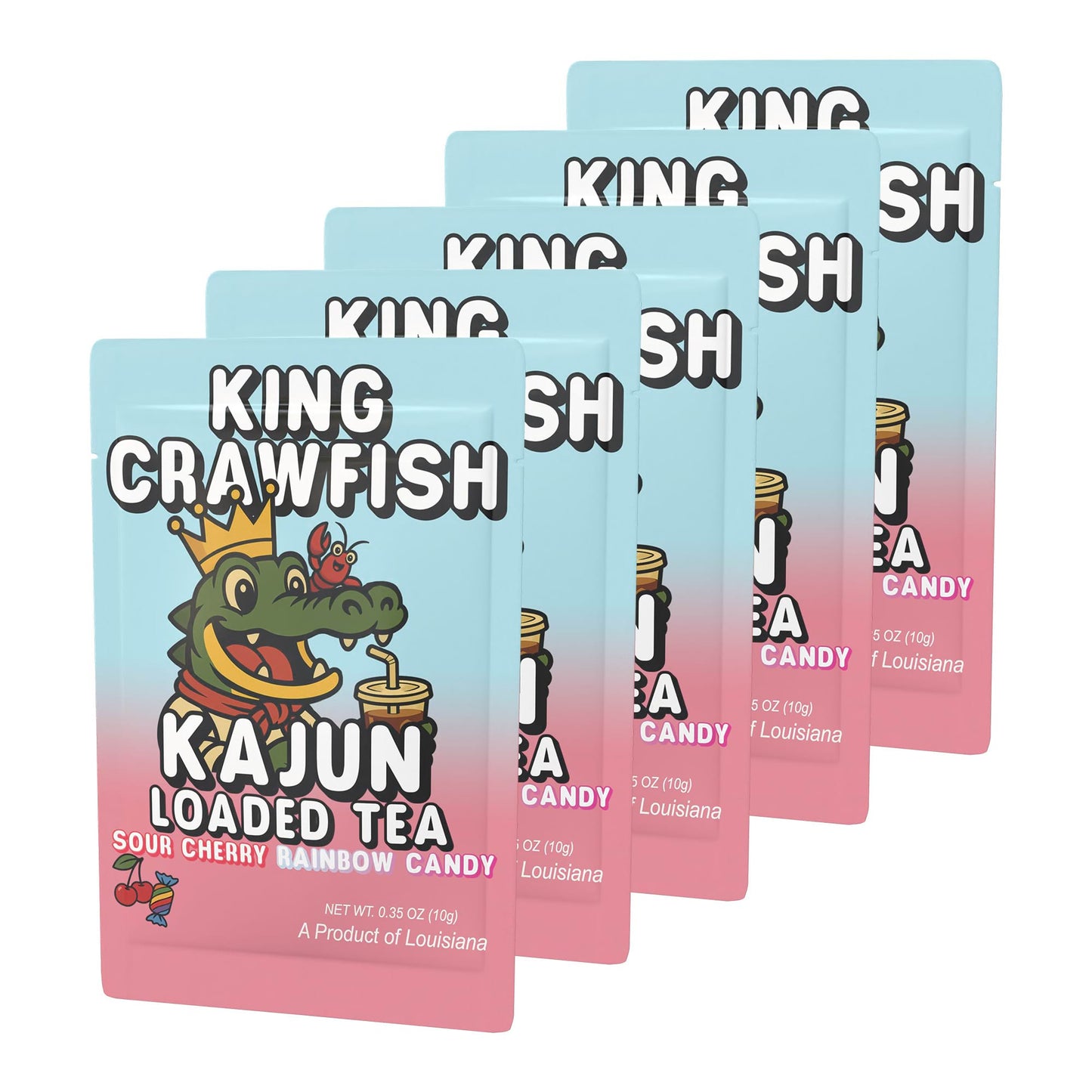 Five packets of King Crawfish stacked in a retail display, featuring the alligator mascot wearing a crown with a small crawfish perched on its head.