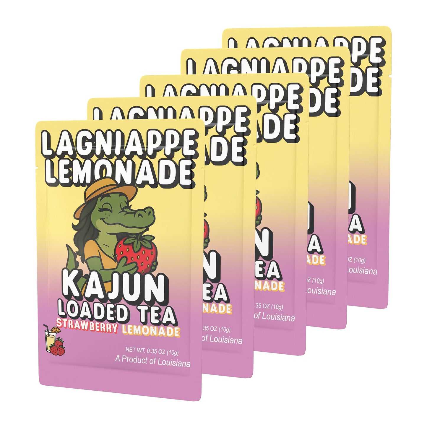 Five packets of Lagniappe Lemonade stacked in a retail display, featuring the alligator mascot in a sunhat holding a bowl of strawberries.