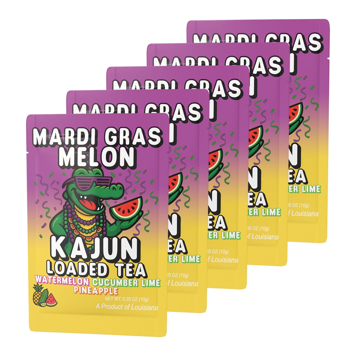 A retail display of five Mardi Gras Melon packets, highlighting the alligator mascot wearing shades and beads, and the Watermelon Cucumber Lime Pineapple flavor.