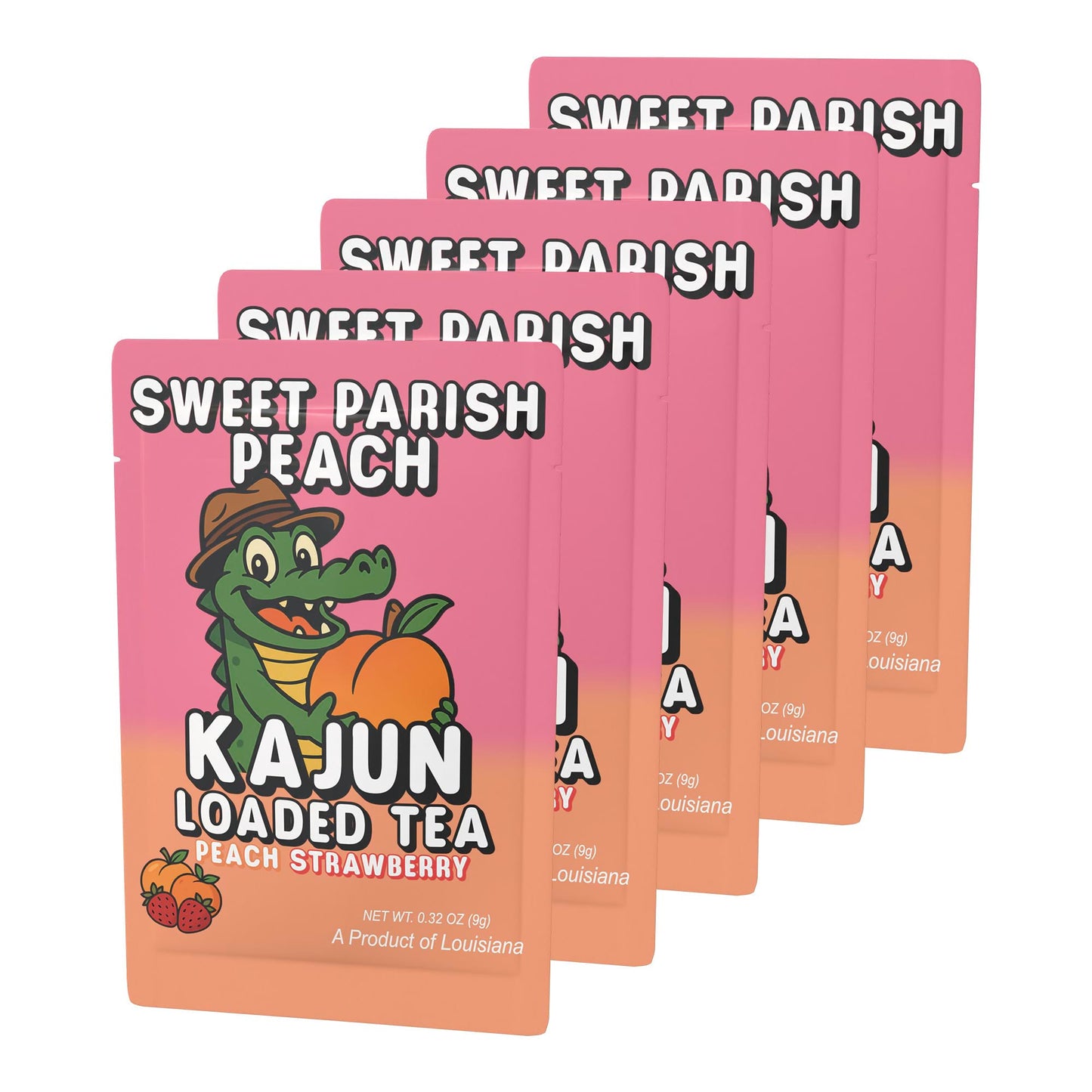 Five packets of Sweet Parish Peach stacked in a retail display, featuring the alligator mascot in a hat, holding a large peach.