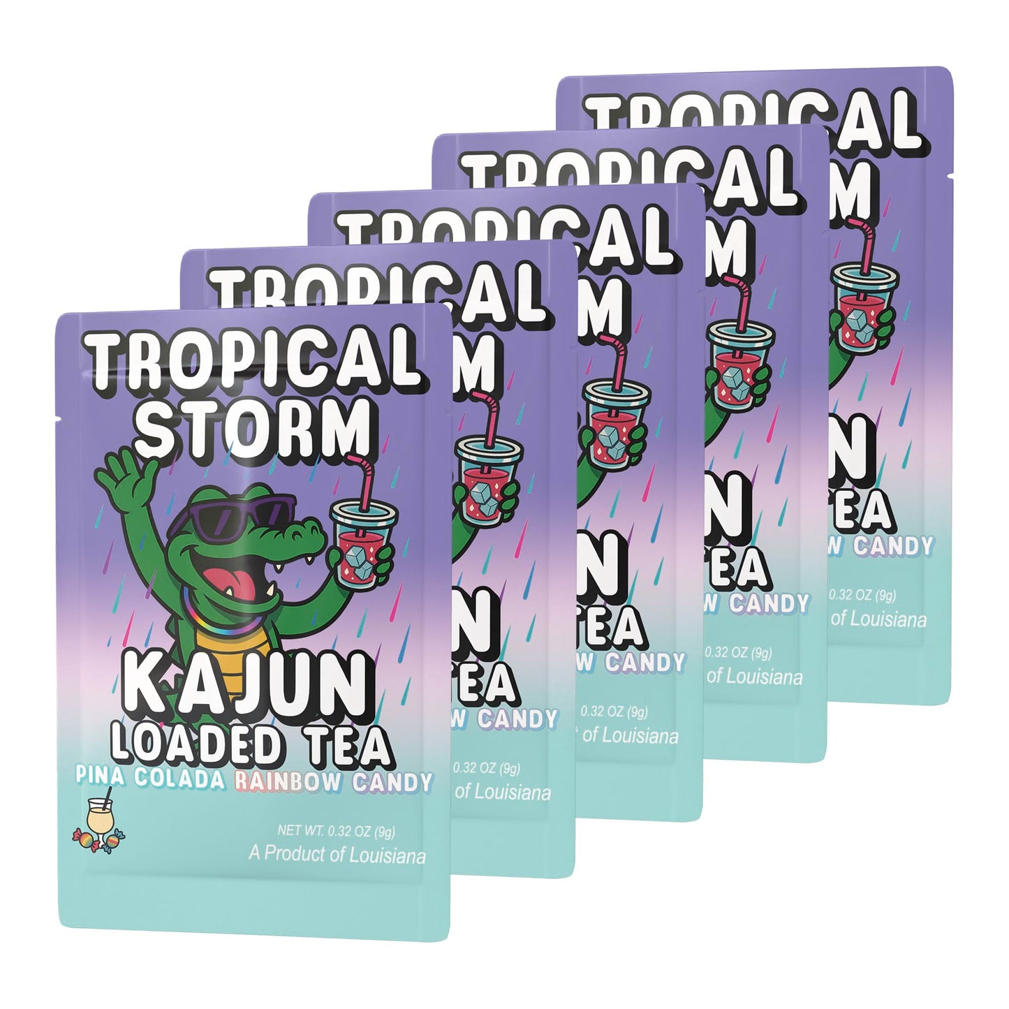 Five packets of Tropical Storm stacked in a retail display, featuring the alligator mascot wearing sunglasses and holding a tropical drink under raining confetti.