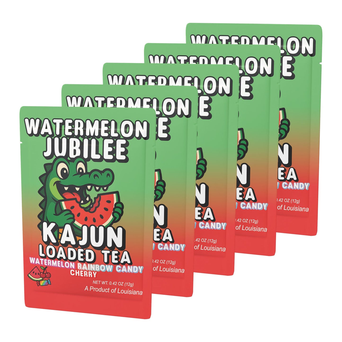 Five packets of Watermelon Jubilee stacked in a retail display, featuring the alligator mascot happily eating a slice of watermelon.