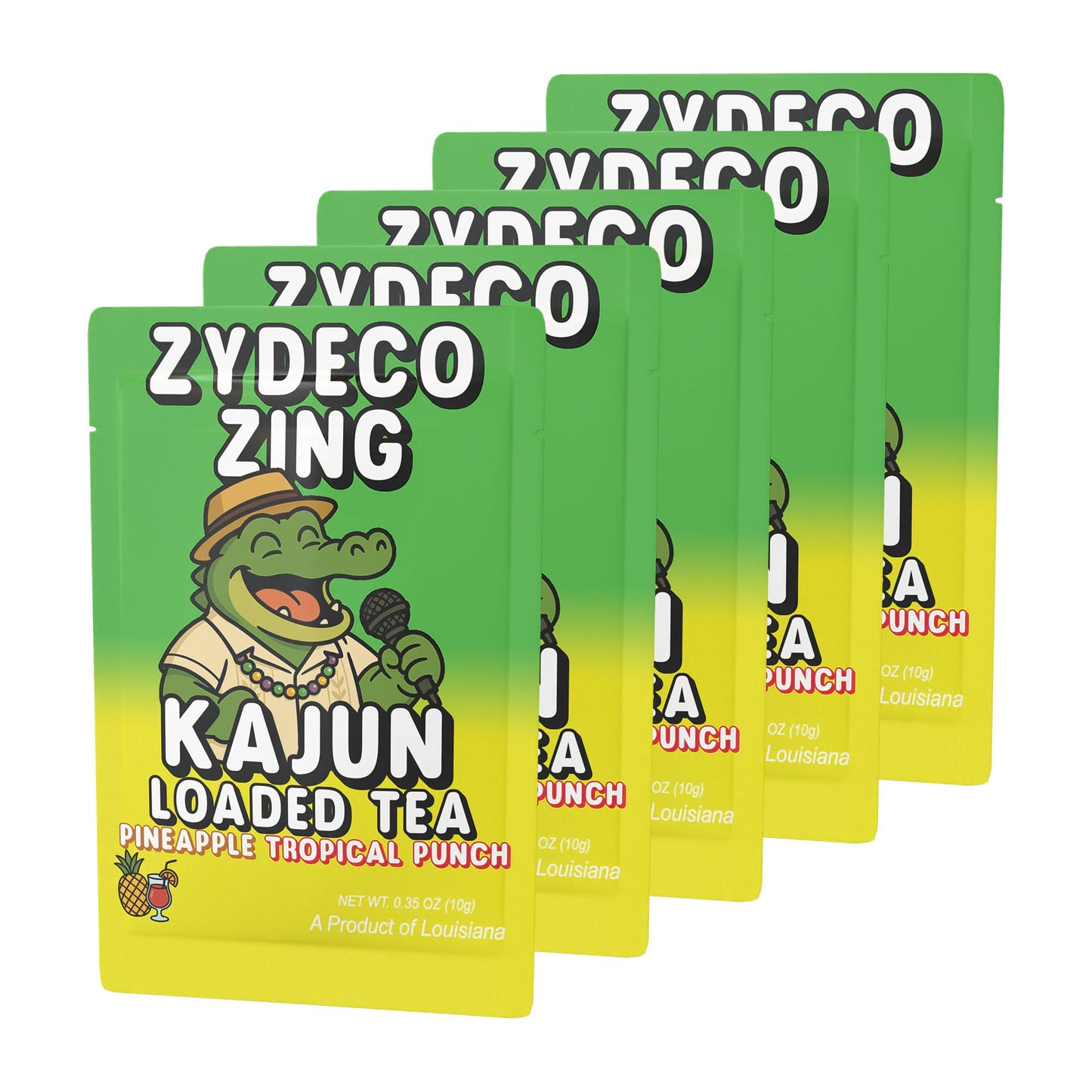 Five packets of Zydeco Zing stacked in a retail display, featuring the alligator mascot wearing a straw hat and singing into a microphone.