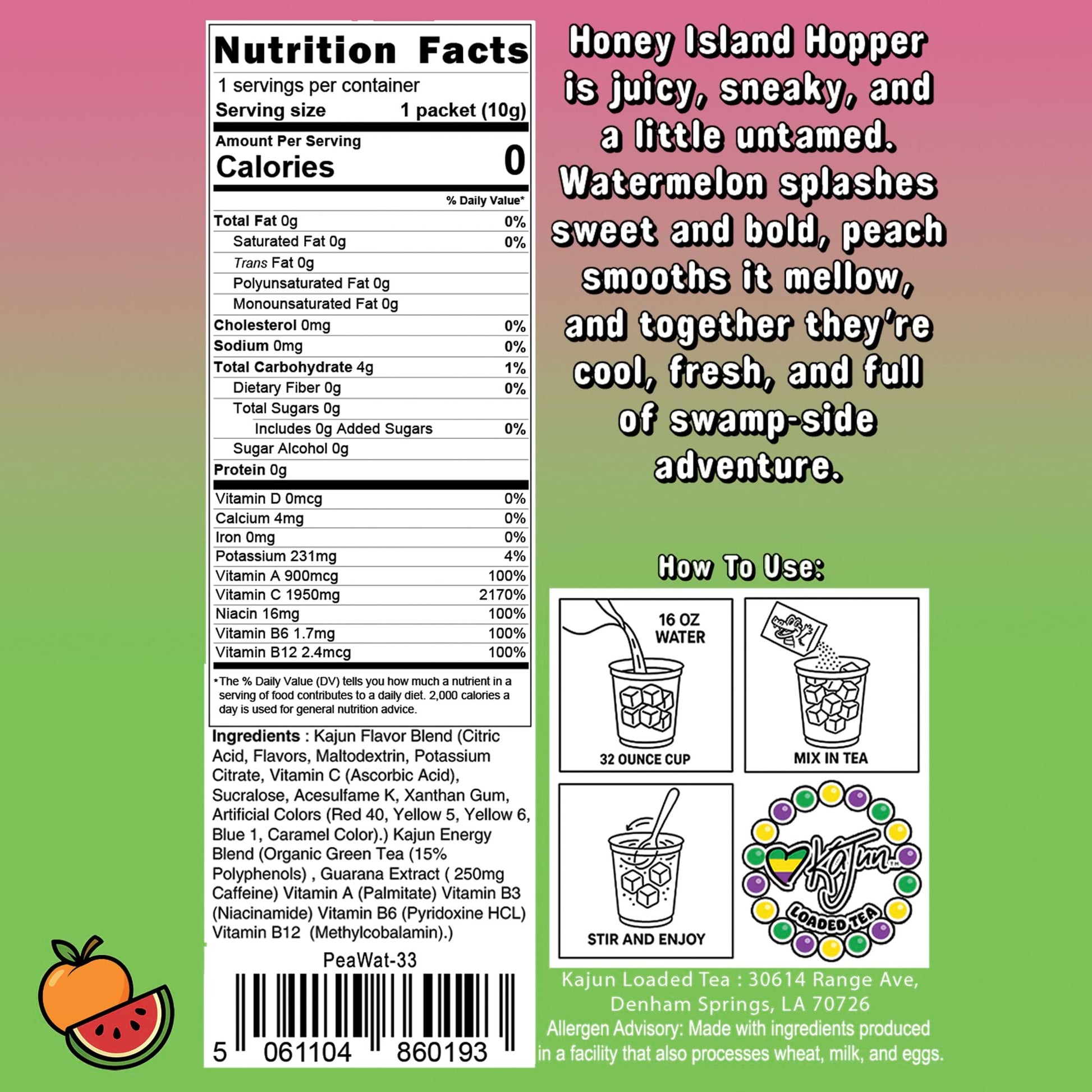 Nutrition Facts panel showing 0 Calories, 0 Sugar, 1950mg Vitamin C, plus instructions and flavor text for the Peach Watermelon loaded tea.