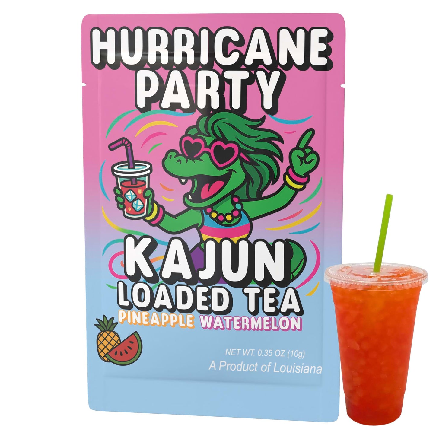 Kajun Loaded Tea Hurricane Party packet and a cup of the vibrant red-orange loaded tea, showcasing the alligator mascot and the Pineapple Watermelon flavor.