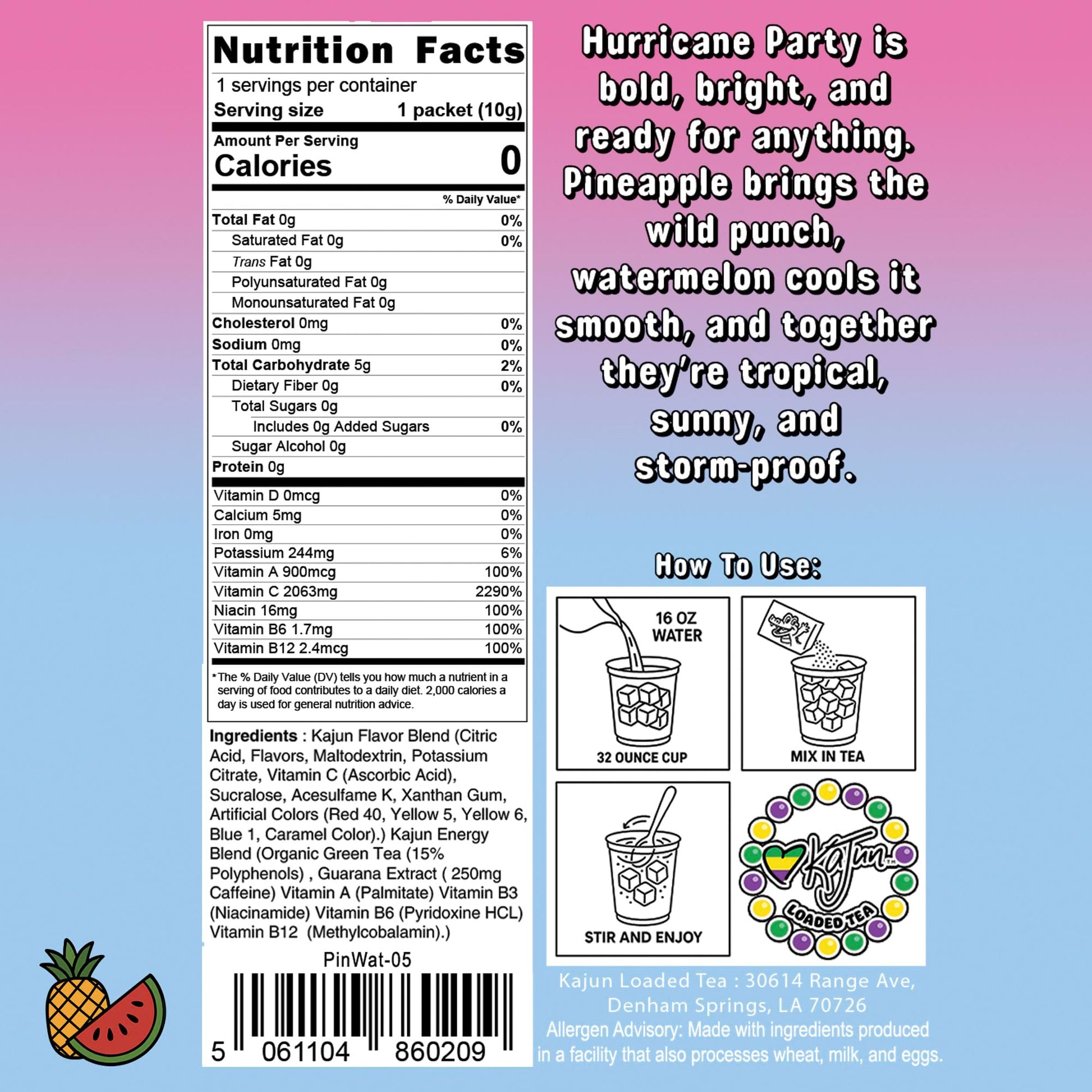 Nutrition Facts panel confirming 0 Calories, 0 Sugar, 2063mg Vitamin C, and providing mixing instructions and flavor text for the Pineapple Watermelon loaded tea.