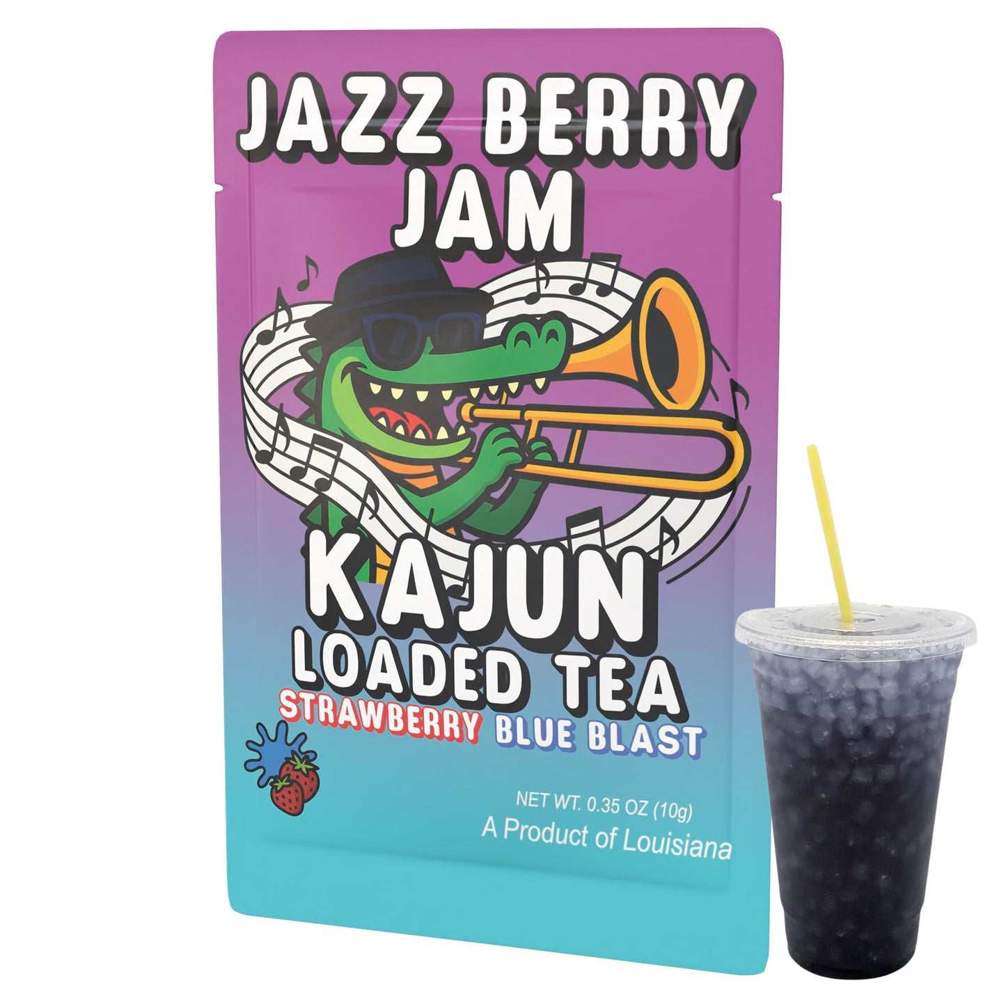 The single Jazz Berry Jam packet and a cup of the dark blue loaded tea, showcasing the alligator mascot and the Strawberry Blue Blast flavor.