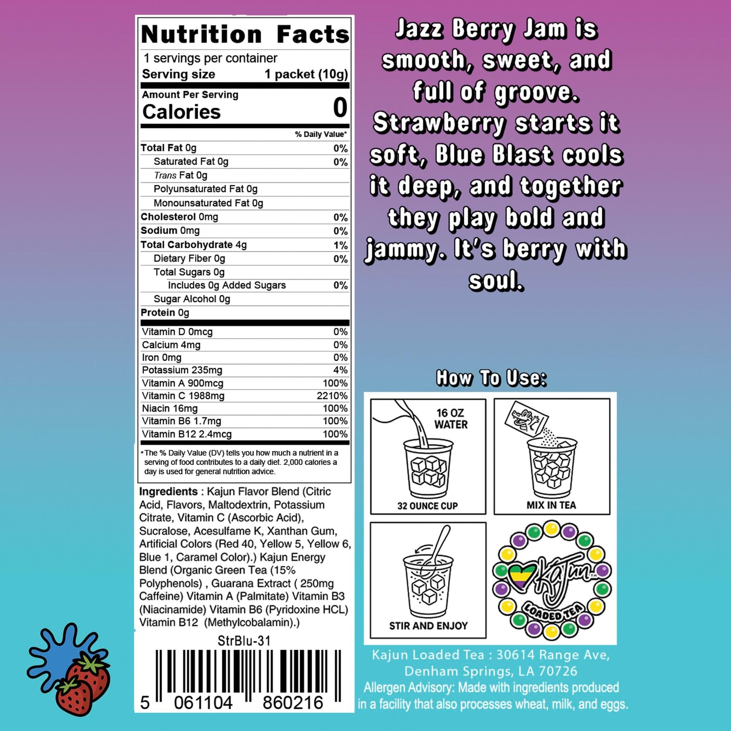 Nutrition Facts panel confirms 0 Calories, 0 Sugar, 1988mg Vitamin C, and contains instructions and flavor text for the Strawberry Blue Blast loaded tea.