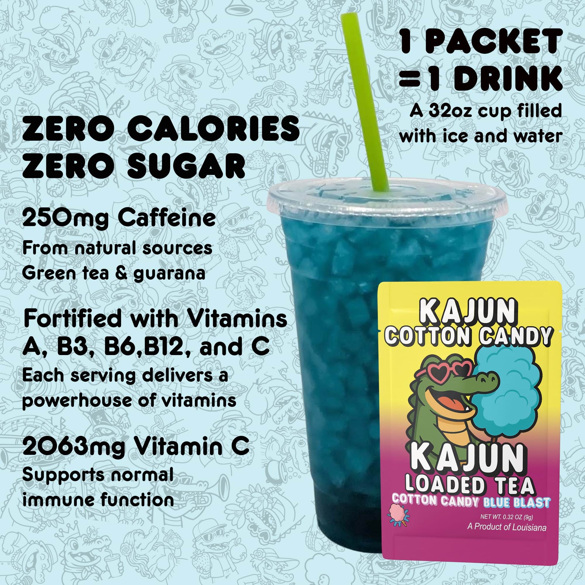 Kajun Loaded Tea drink mix packet shown with a 32oz prepared drink. Zero calories, zero sugar, 250mg natural caffeine, and added vitamins A, B3, B6, B12, and C.