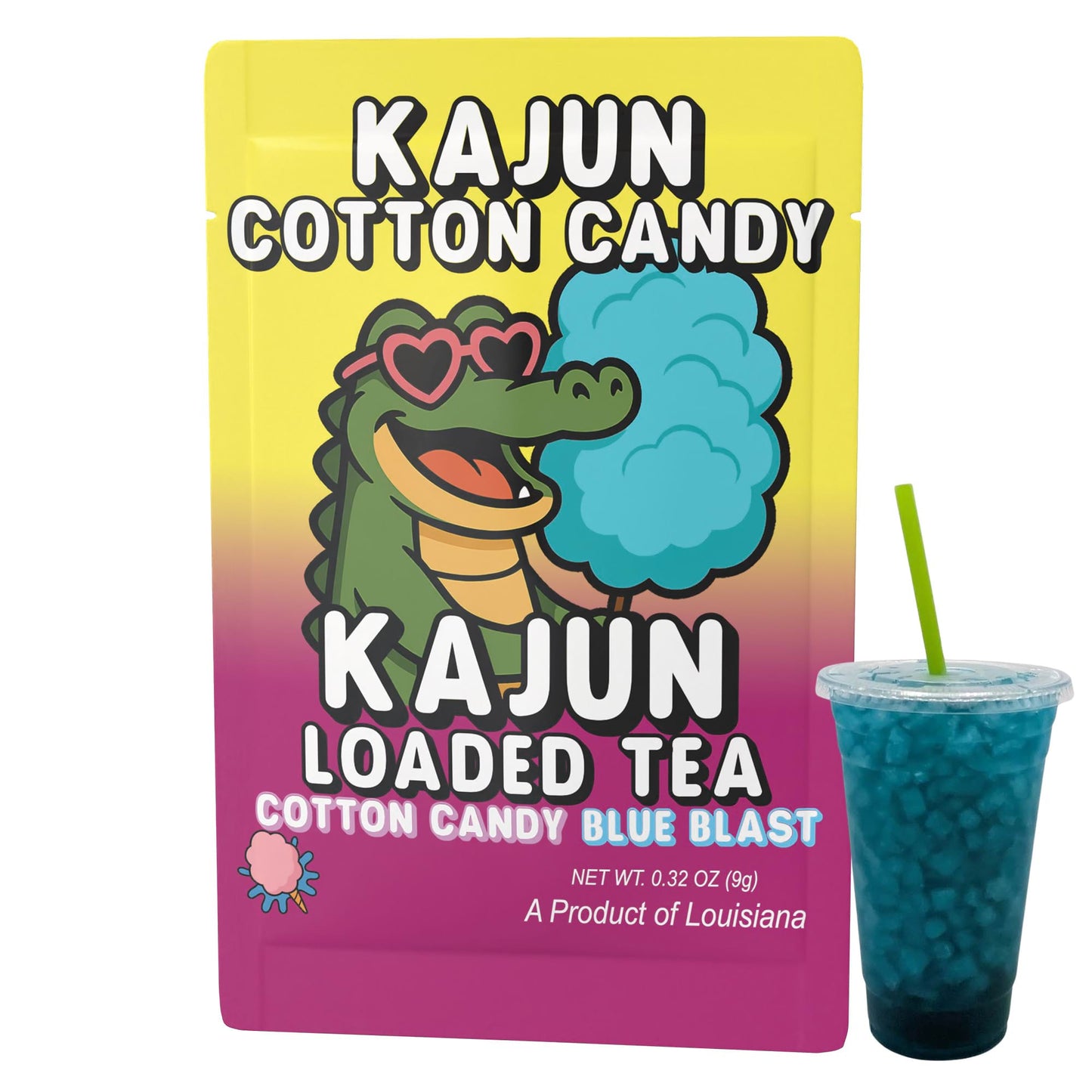 The complete package design for Kajun Cotton Candy (alligator mascot shown) is placed next to a clear cup filled with the prepared, dark blue loaded tea.