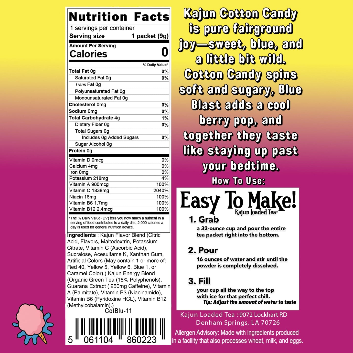 Nutrition label and product description for Kajun Cotton Candy on a colorful background.