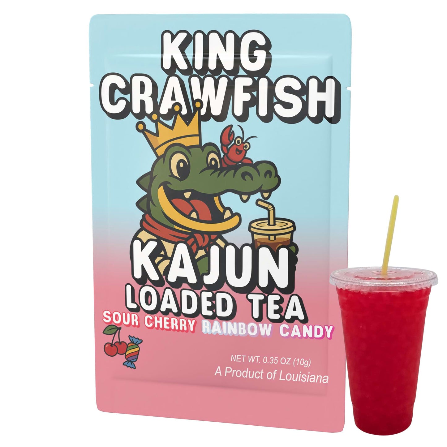 The single King Crawfish packet and a cup of the vibrant red loaded tea, showcasing the alligator mascot and the Sour Cherry Rainbow Candy flavor.