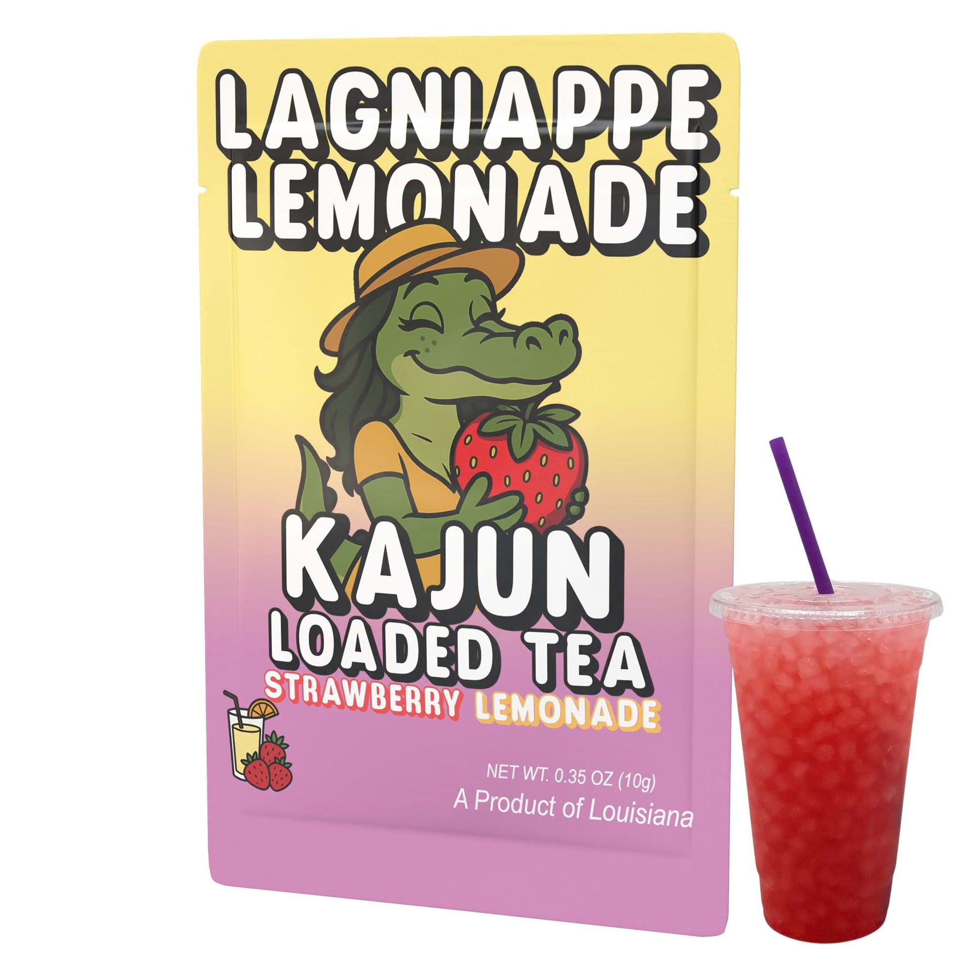 The single Lagniappe Lemonade packet and a cup of the vibrant red loaded tea, showcasing the alligator mascot and the Strawberry Lemonade flavor.